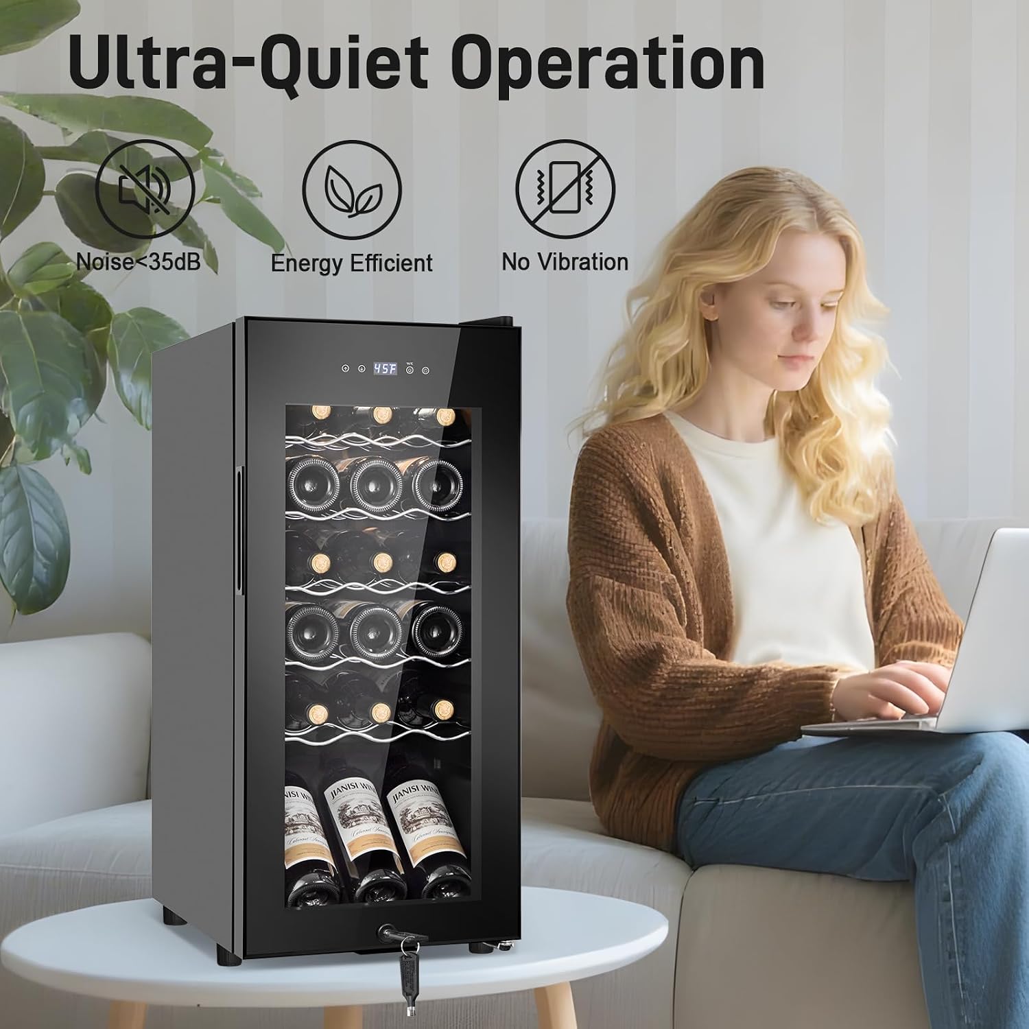 Tylza 18 Bottles Wine Fridge, Wine Cellar with Powerful Compressor, LED Touchscreen, Low-E Tempered Glass Door, Lock, Wine Cooler Refrigerator for Red, White, Champagne or Sparkling Wine, Black