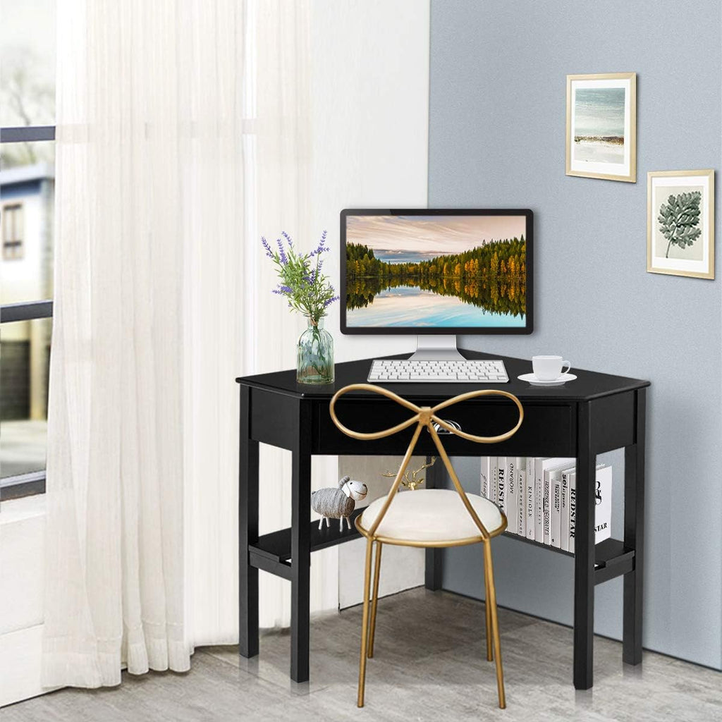 Tangkula Corner Desk, Corner Computer Desk with Drawer for Small Space, Small Corner Makeup Vanity Desk, 90 Degrees Triangle Corner Desk with Storage Shelves