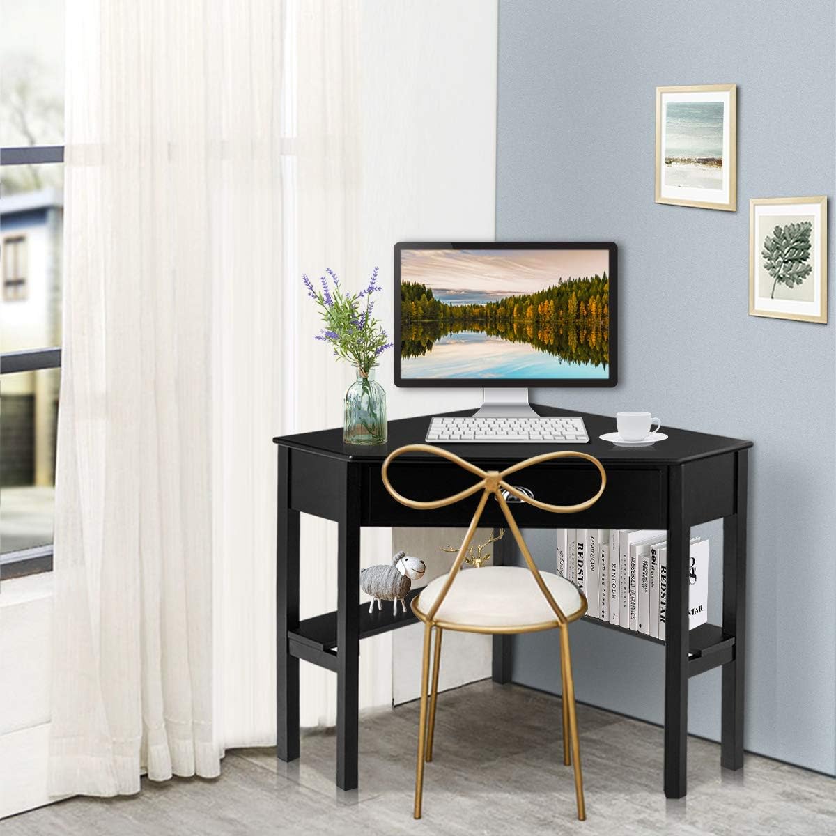 Tangkula Corner Desk, Corner Computer Desk with Drawer for Small Space, Small Corner Makeup Vanity Desk, 90 Degrees Triangle Corner Desk with Storage Shelves