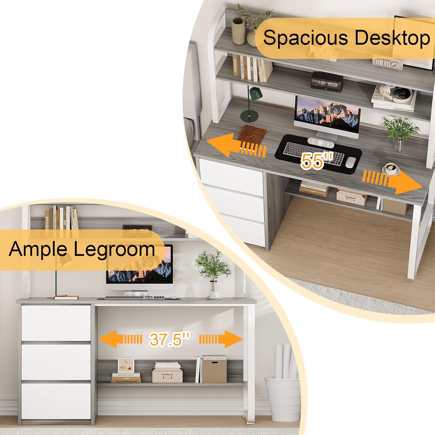 MaverickFurni Computer Desk with Hutch, 55 Inch Home Office Desk with Storage Drawers, Study Writing Desk with Shelves for Bedrrom, Adjustable Feet, Grey