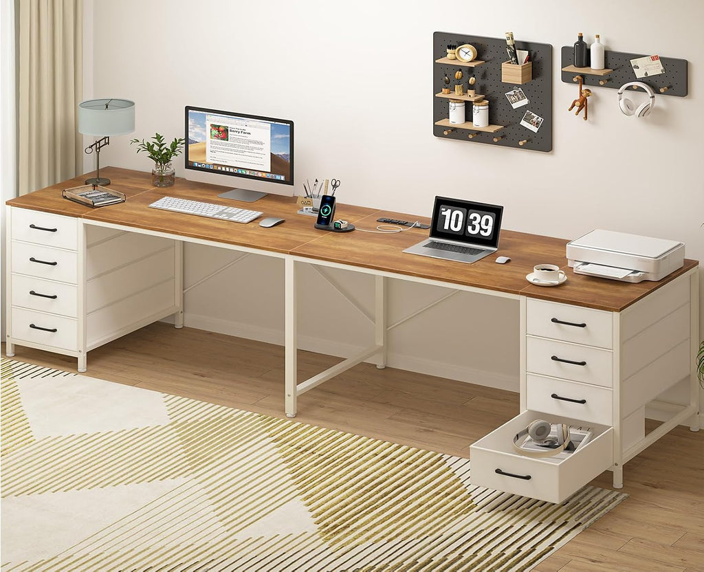 TVU 95' 2 Person Desk with 8 Fabric Drawers, Long Computer Desk Home Office Desk with Storage, Two Person Double Desks with Power Outlets, Brown and White
