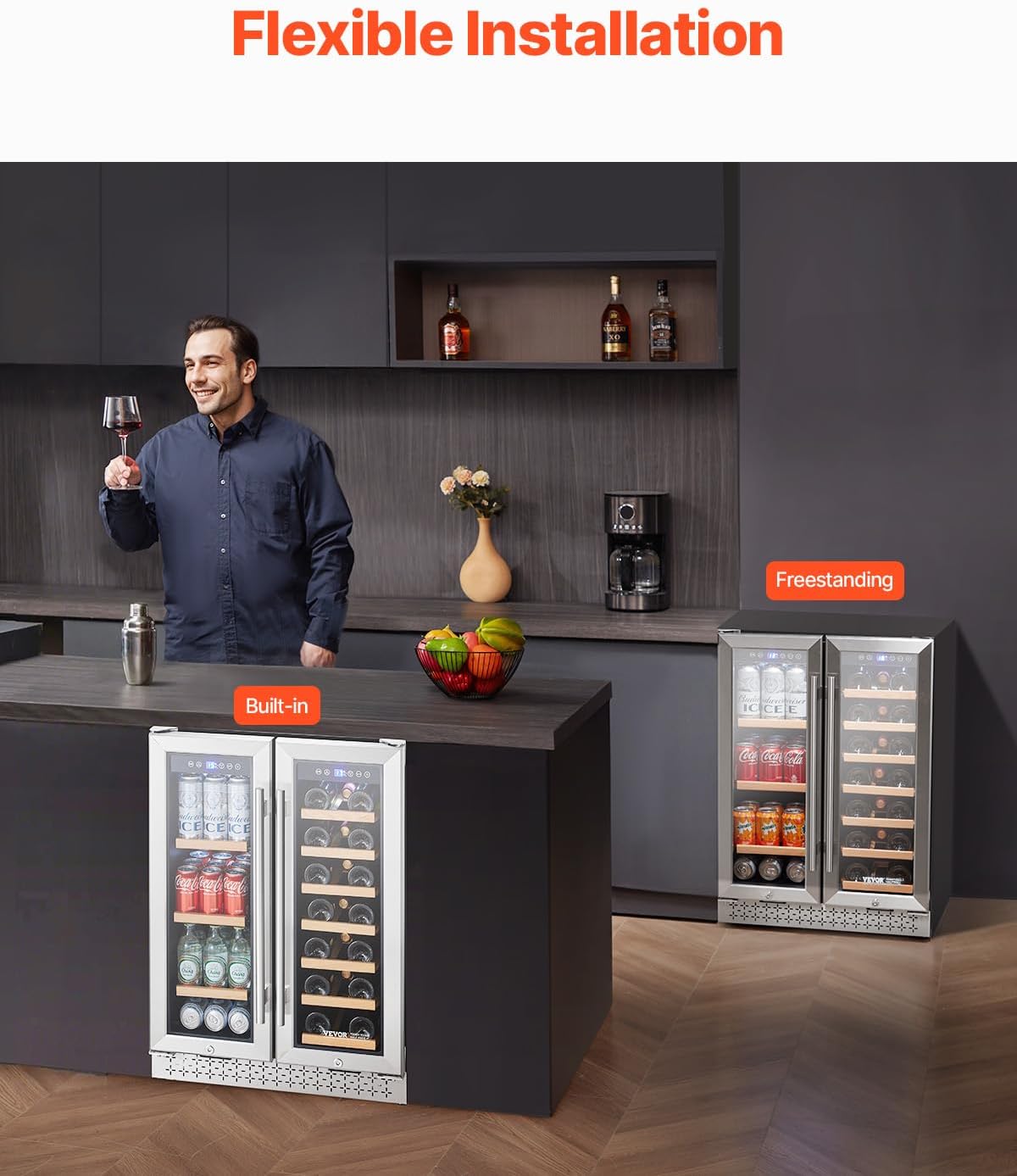 VEVOR Wine and Beverage Refrigerator, 24 in Dual Zone Wine Cooler, Built-in & Freestanding Fridge with Glass Doors, Adjustable Shelves, Digital Temperature Control, 64 Cans and 20 Bottles Capacity