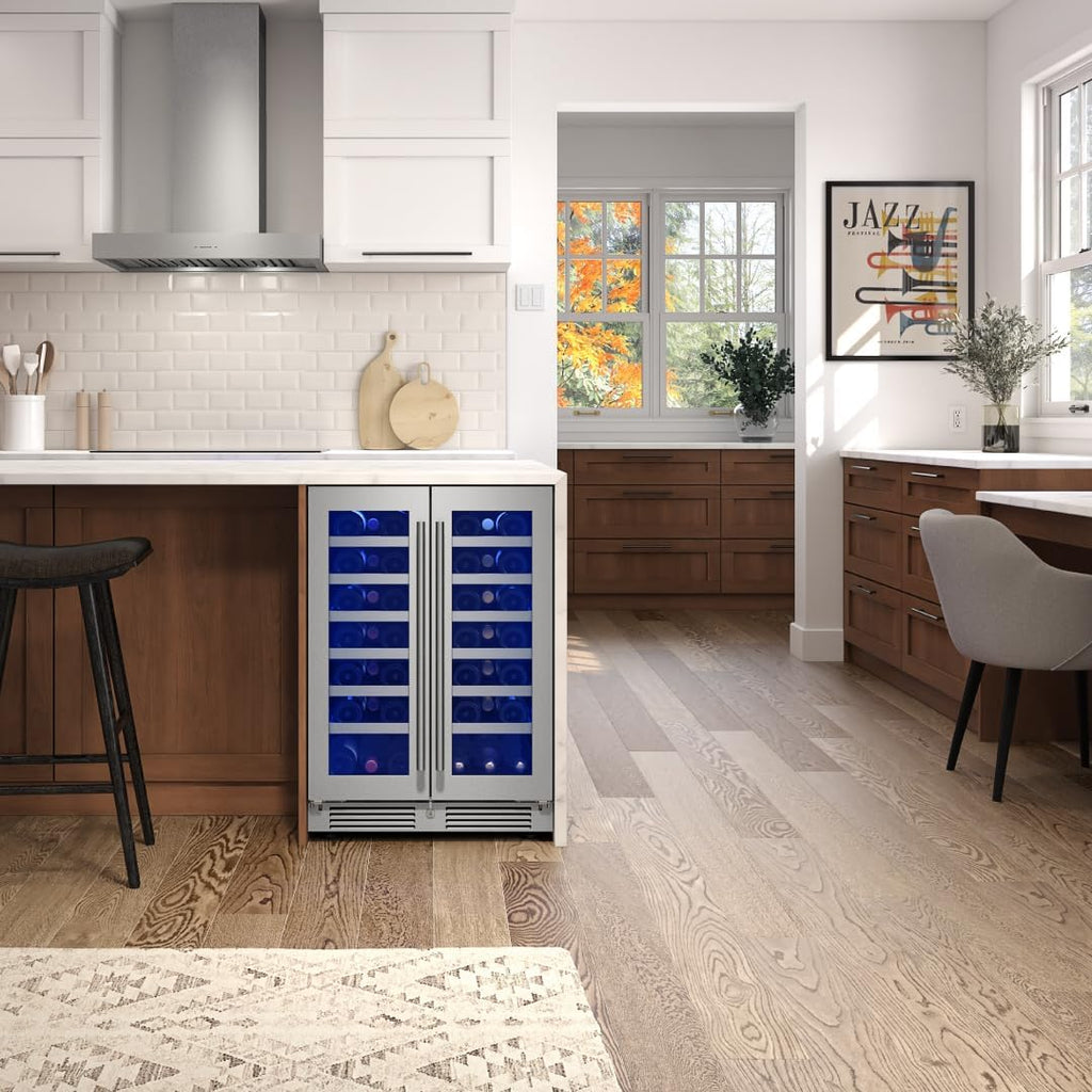 Zephyr Presrv 24' Wine Fridge Dual Zone Under Counter - Countertop Mini Wine Cooler Cellars Small Cabinet Wine Refrigerator Home Bar Chiller Freestanding with French Glass Door, 21 Bottles 750ml