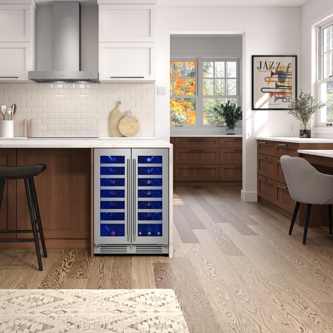 Zephyr Presrv 24' Wine Fridge Dual Zone Under Counter - Countertop Mini Wine Cooler Cellars Small Cabinet Wine Refrigerator Home Bar Chiller Freestanding with French Glass Door, 21 Bottles 750ml