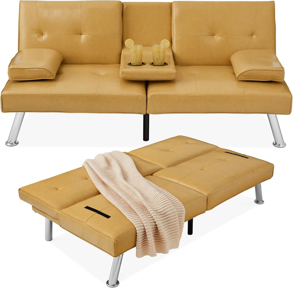 Best Choice Products Faux Leather Upholstered Modern Convertible Futon, Adjustable Folding Sofa Bed, Guest Bed w/Removable Armrests - Camel Yellow