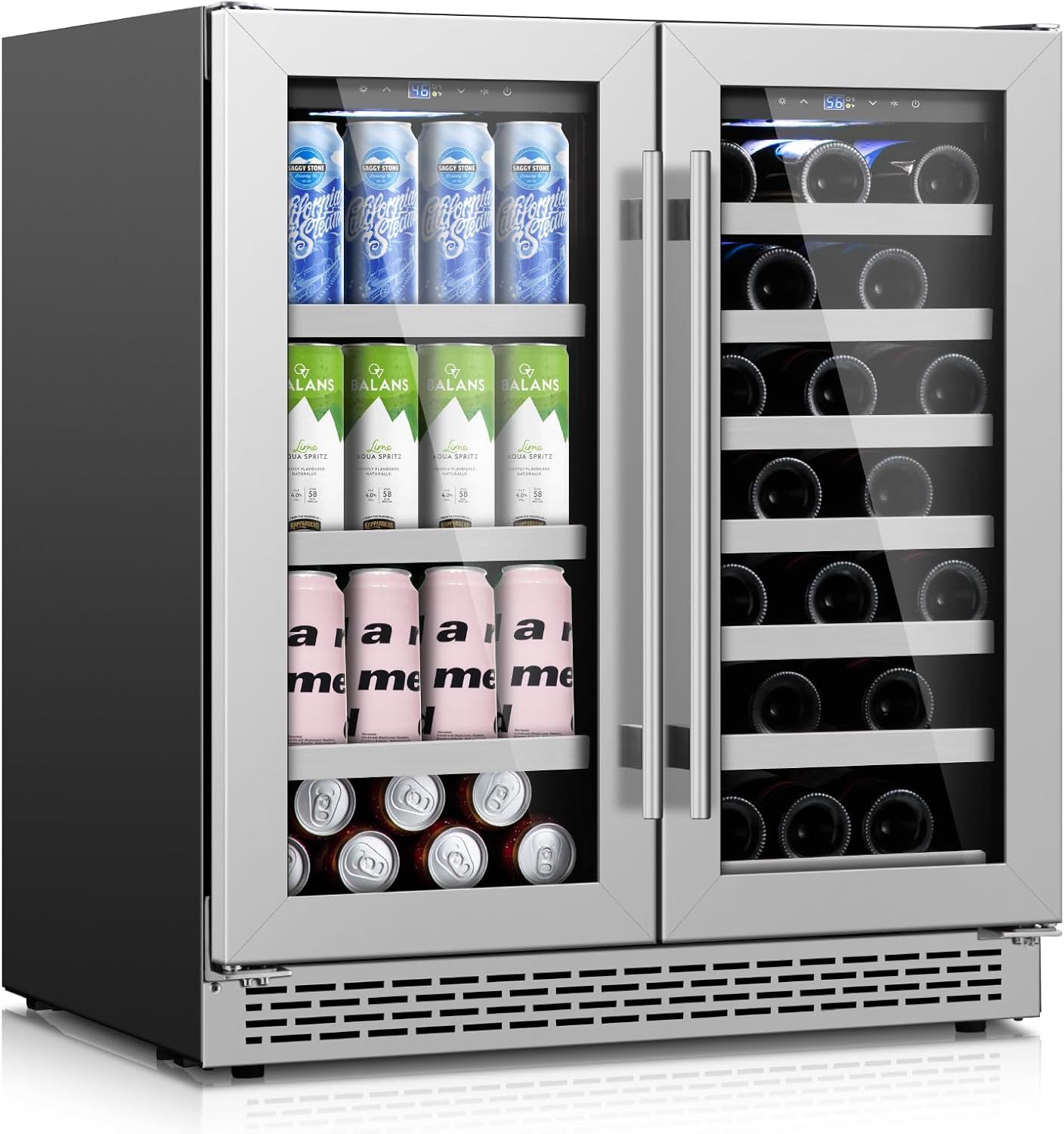 30 Inch Wine and Beverage Refrigerator, Beverage Fridge Cooler Under Counter, Dual Zone Commercial Bar Fridge for Beer with Seamless Stainless Steel Tempered Glass Door, 33 Bottles & 135 Cans