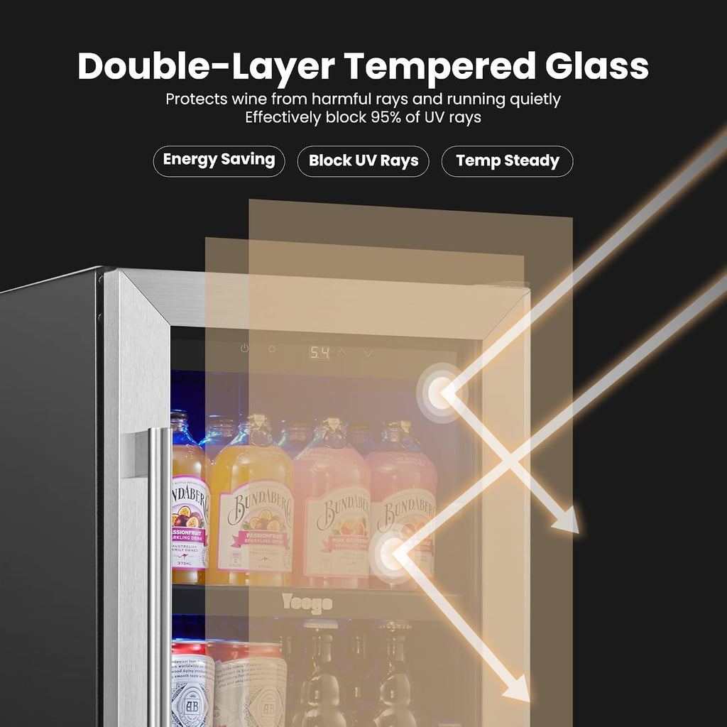 Yeego 15 Inch Beverage-Refrigerator, Beverage Cooler Stainless Steel Refrigerator Built-in or Freestanding, Small Wine Fridge with Glass Door, Drink Fridge for Beer, Soda, Wine