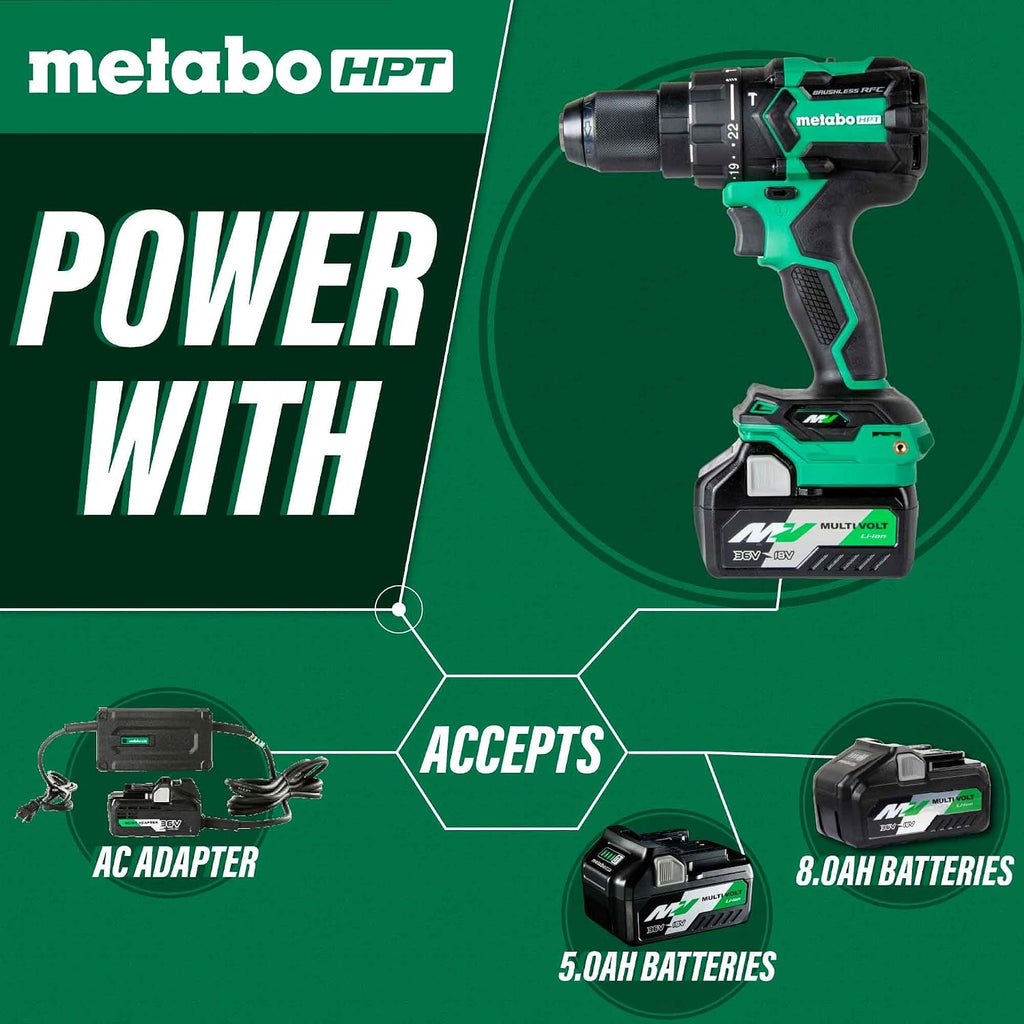Metabo HPT 36V MultiVolt™ Cordless Brushless 1/2' Hammer Drill Kit, Power Drill Kit with Lithium-Ion Metabo Batteries , Case and Charger, Compact Lightweight Power Tool, DV36DC
