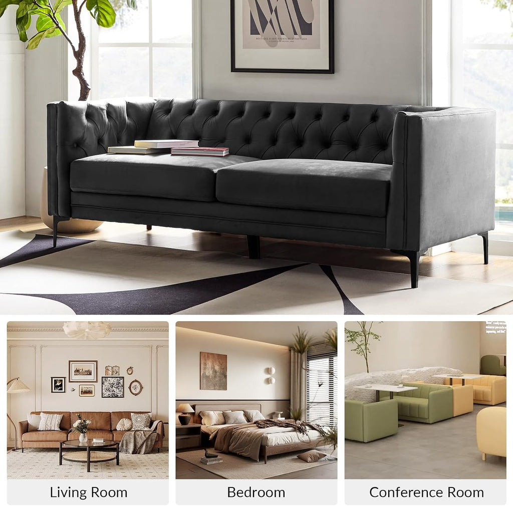 HULALA HOME 84' W Faux Leather Sofa Couch with Metal Legs, Button-Tufted 3-Seater Sofa, Mid Century Modern Contemporary Upholstered Couch for Living Room, Apartment, Charcoal