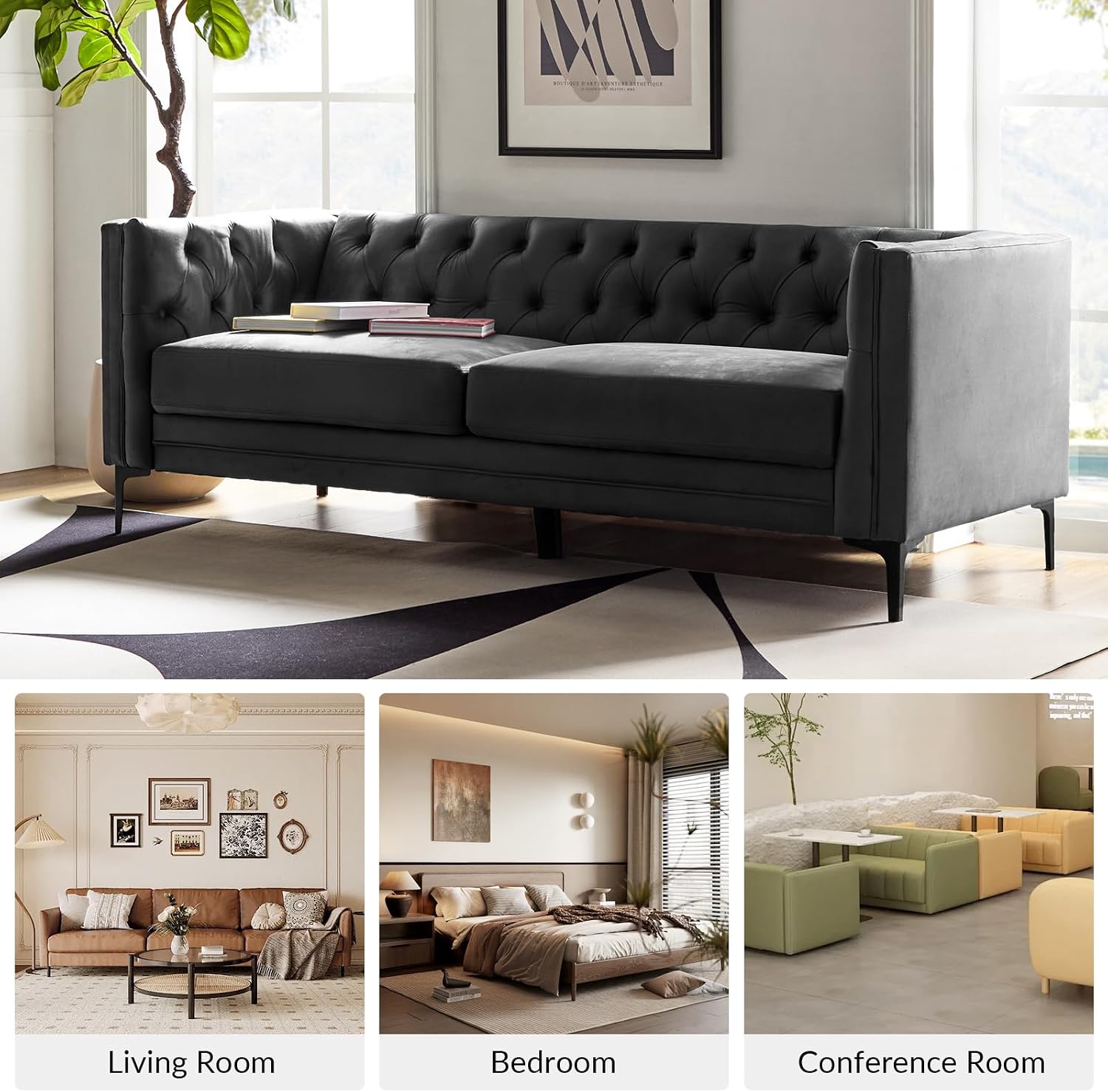 HULALA HOME 84' W Faux Leather Sofa Couch with Metal Legs, Button-Tufted 3-Seater Sofa, Mid Century Modern Contemporary Upholstered Couch for Living Room, Apartment, Charcoal