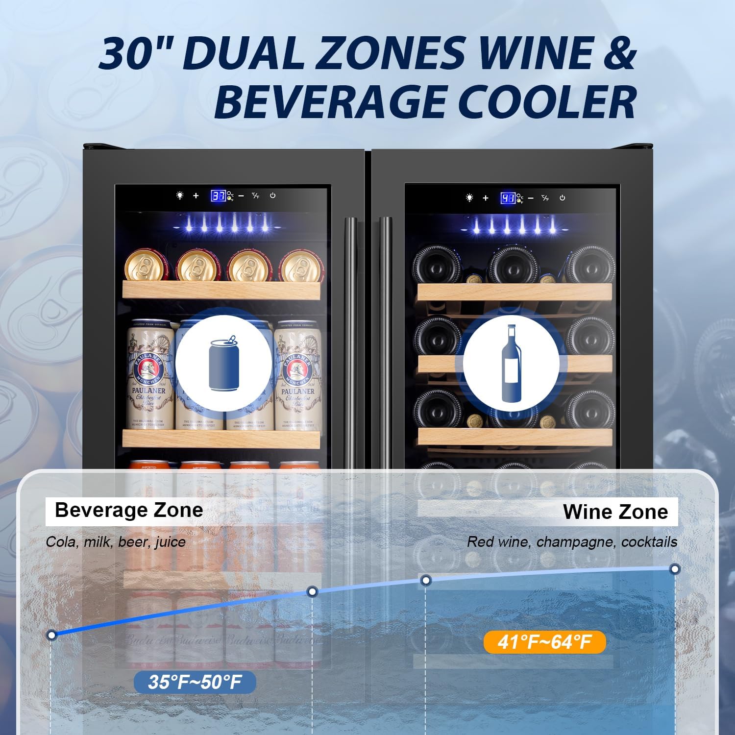 Tylza 30 Inch Wine and Beverage Refrigerator, Dual Zone Wine Beverage Cooler 30' with French Door, Under Counter Wine Beer Fridge Built-In or Freestanding, Holds 29 Bottles and 110 Cans, Black