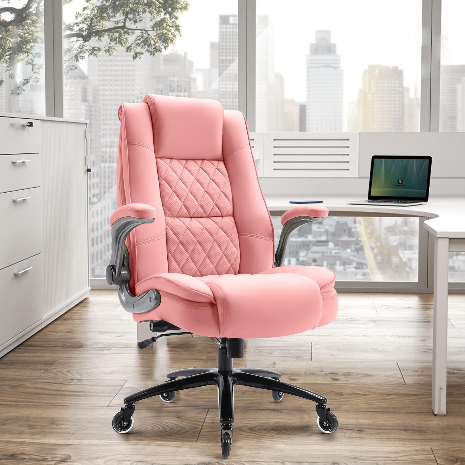High Back Office Chair- Flip Arms Adjustable Built-in Lumbar Support, Executive Computer Desk Chair Work Chairs, Thick Padded Strong Metal Base Quiet Wheels, Ergonomic Design for Back Pain
