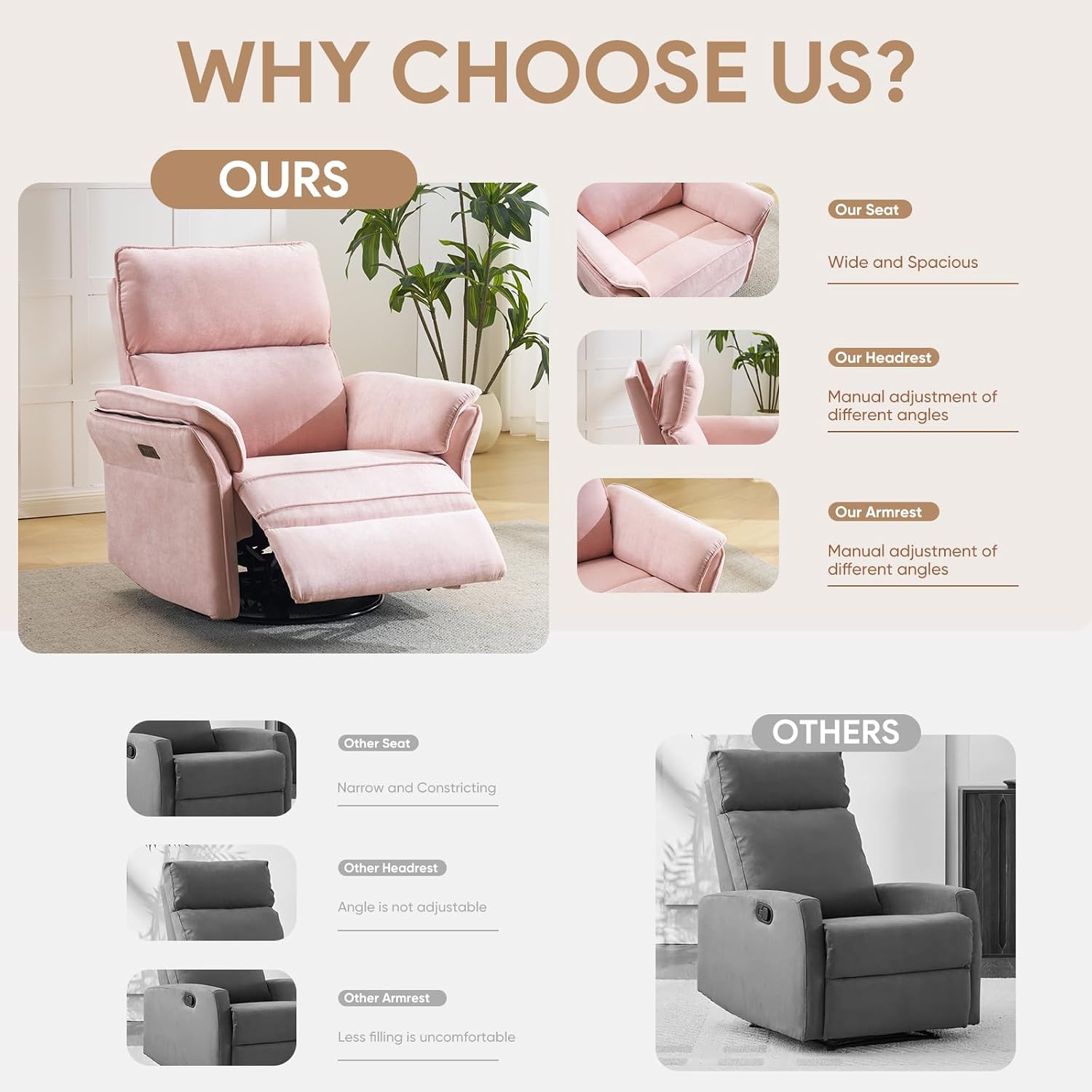 Oversized Rocking Chair Nursery with Massage and Heat, Glider Recliner Nursery Chair with Adjustable Headrest, Power Swivel Rocker Recliner Chair with USB Port, Pink