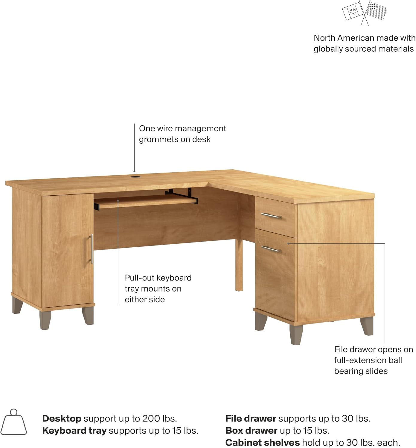 Bush Home 60-Inch L-Shaped Desk with Storage, Corner Computer Office Desk with Drawers and Storage Cabinet, Home Office Furniture, Somerset Collection, Maple Cross