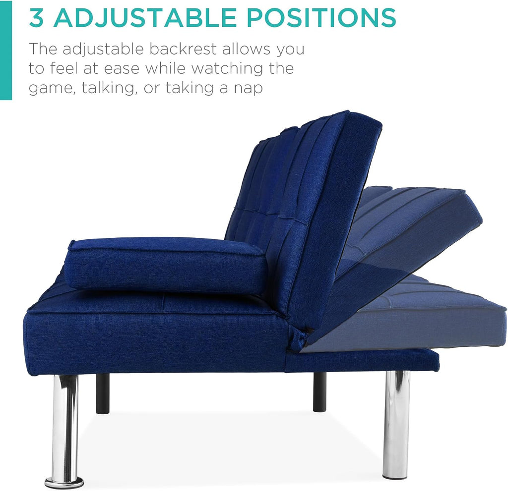 Best Choice Products Linen Modern Folding Futon, Reclining Sofa Bed for Apartment, Dorm w/Removable Armrests, 2 Cupholders - Dark Blue
