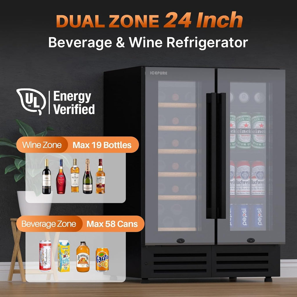 ICEPURE Wine and Beverage Refrigerator 24 Inch, Dual Zone Wine and Beverage Cooler with Glass Door, Freestanding or Built-In Wine Fridge Under Counter Lockable, Hold 19 Bottles and 58 Cans, Dark Black