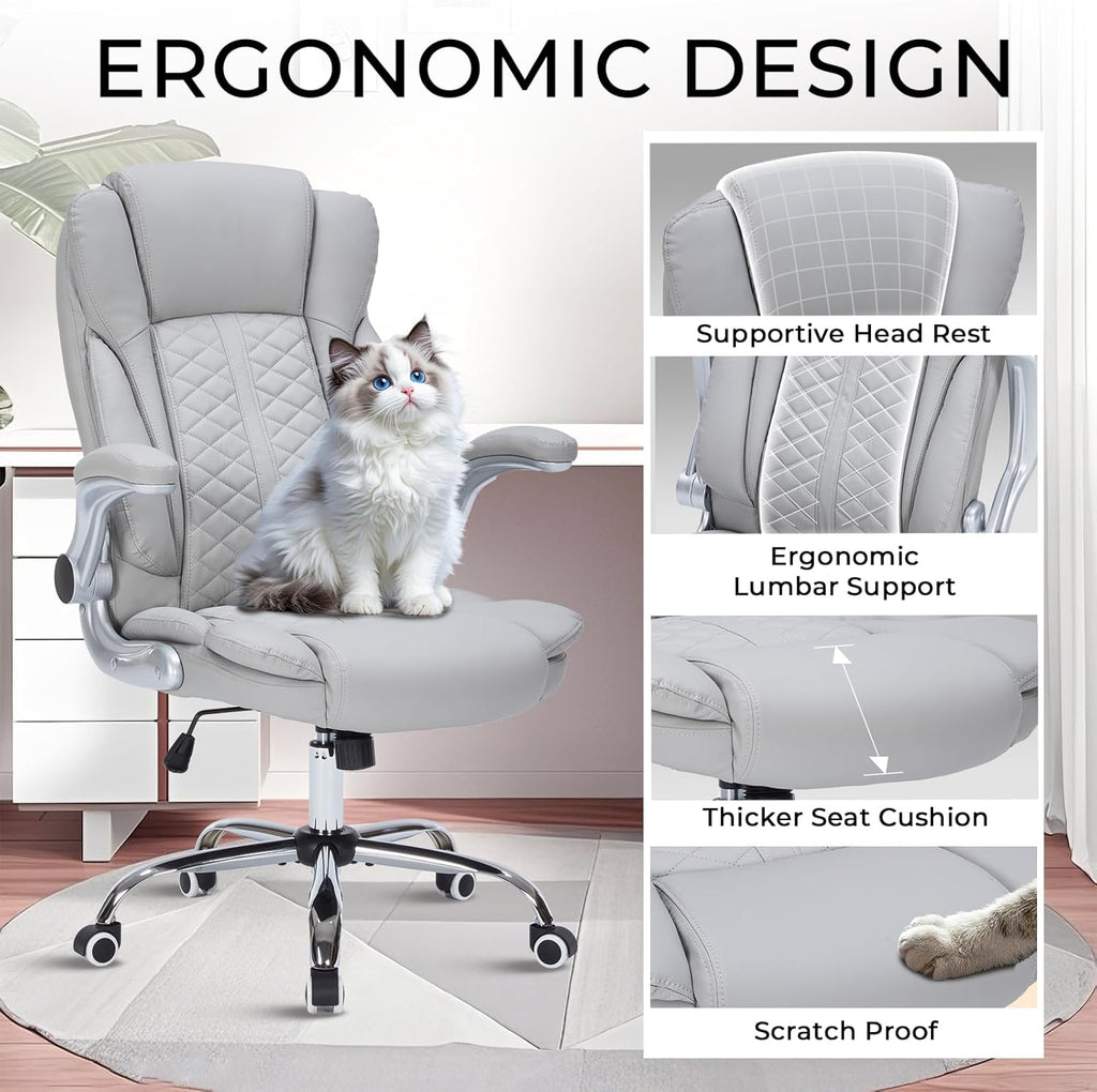 400lbs Executive Office Chair with Flip-Up Armrests, Big and Tall Computer Chair for Heavy People, Heavy Duty Ergonomic Comfy Chair, Breathable PU Leather (Grey)