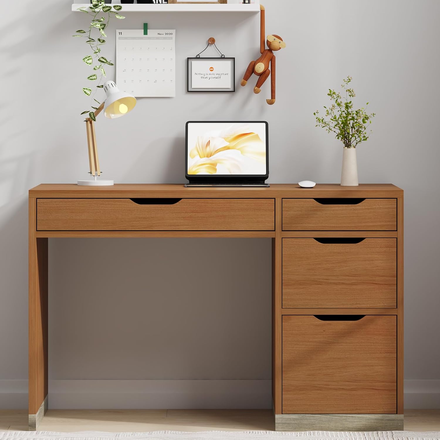 MaverickFurni 48 Inch Small Desk with 4 Drawers, Computer Desk with Storage File Drawer for Bedroom, Home Office Desk with Storage for Small Space, Brown