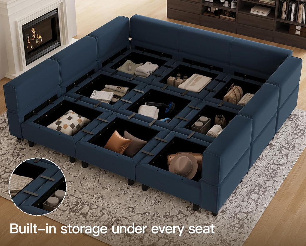 Belffin Modular Sectional Sofa with Ottomans Velvet Reversible Sleeper Sectional Sofa with Chaise Modular Sleeper Sofa Bed with Storage Seat Blue