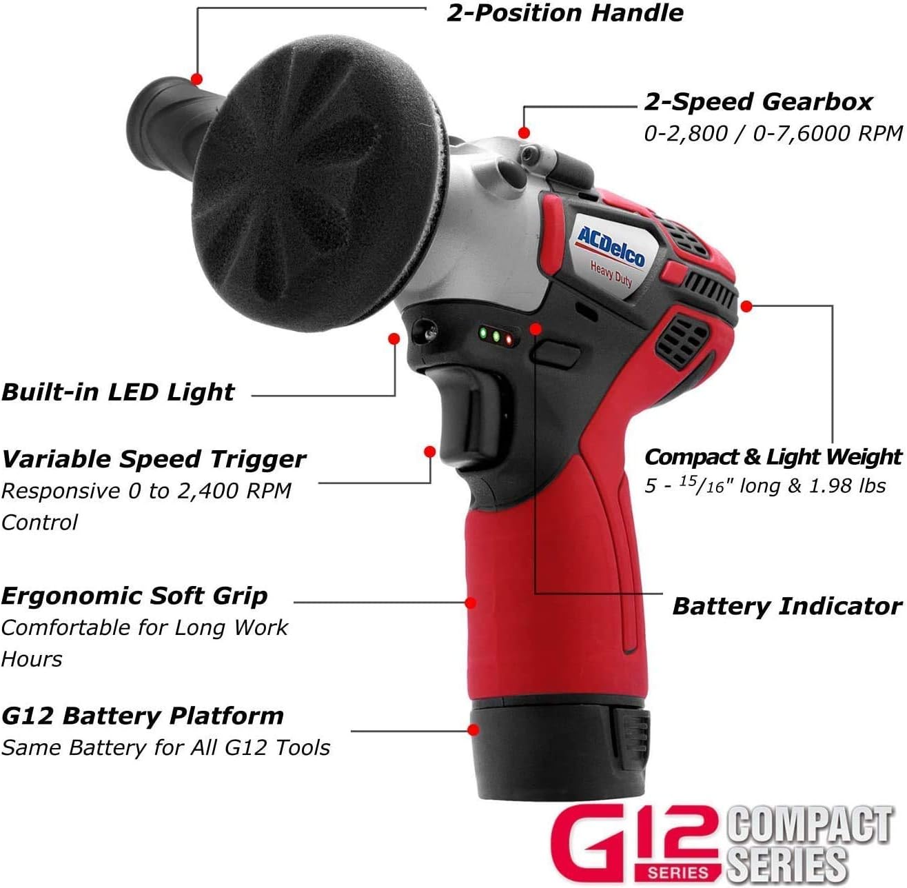 ACDelco G12 12V Cordless Combo Kit – Mini Polisher, 3/8' Impact Wrench (90 ft-lbs), Ratchet Wrench (55 ft-lbs) with 2 Li-Ion Batteries & Fast Charger, Auto Repair & DIY Tools