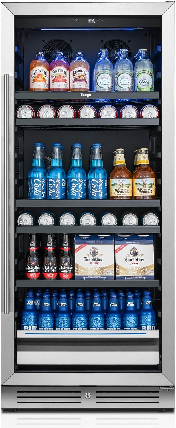 Yeego Beverage Refrigerator & Drink Fridge - 24 inch 238 Cans Beer Cooler with Glass Door, 34-54℉ Built-in or Freestanding Refrigerator with Door Lock, For Drink Soda Wine and Kitchen, Bar or Office