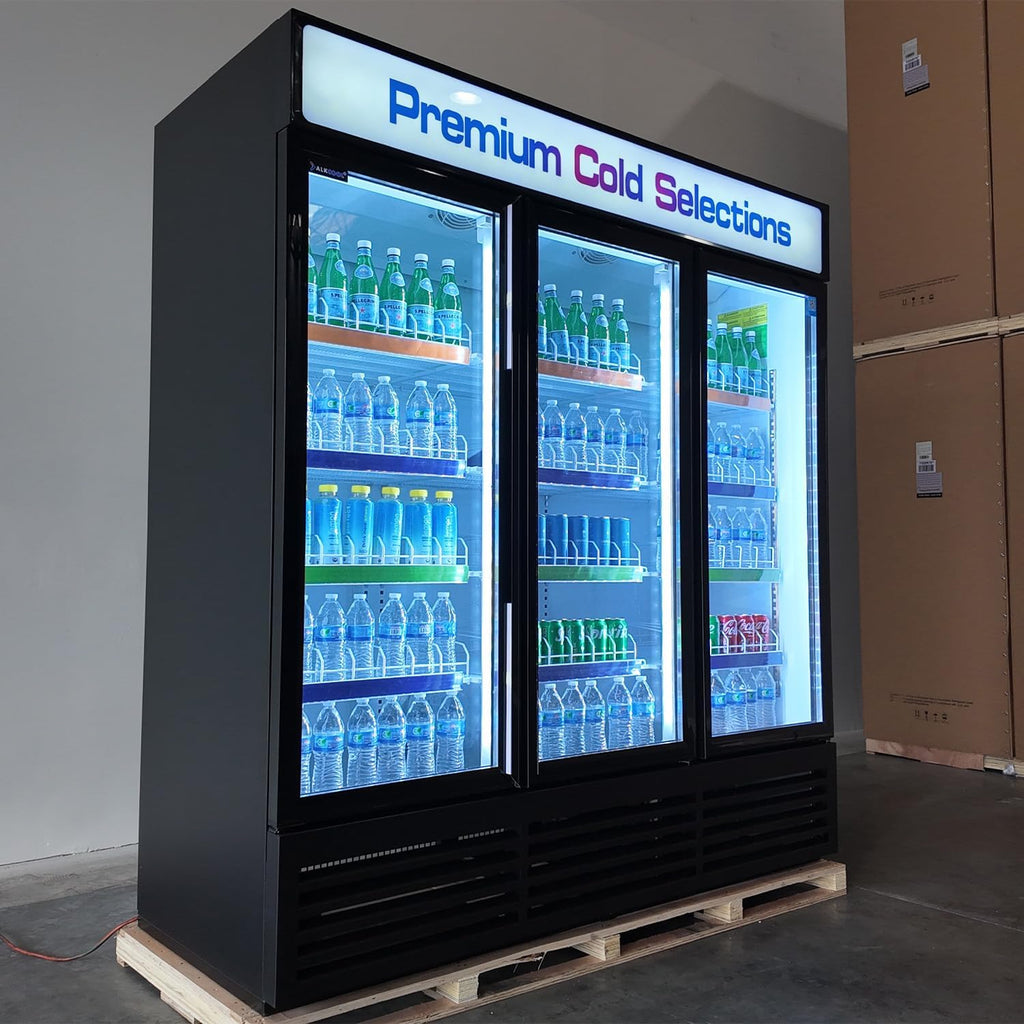 71' Wide Commercial Beverage Refrigerator Display Fridge, Three Glass Door Merchandiser Drink Cooler With LED Light 9 Adjustable Shelves,ETL Sanitation,63.5 Cu Ft,BLACK,Wheels Included