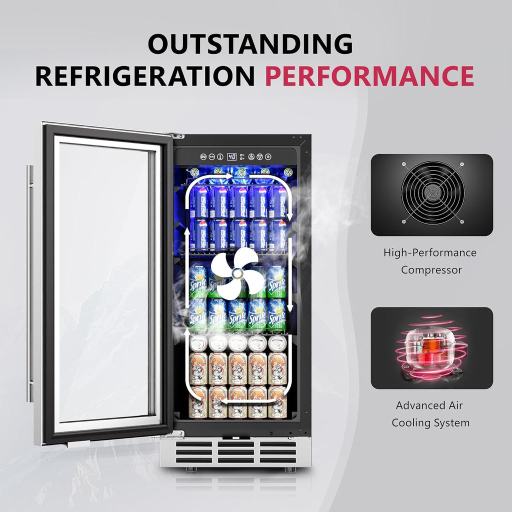 Icyglee 15'' Beverage Refrigerator Cooler - 126 Cans Under Counter Beverage Fridge with LED Light, Built-in Design, Wine Cooler for Home/Kitchen