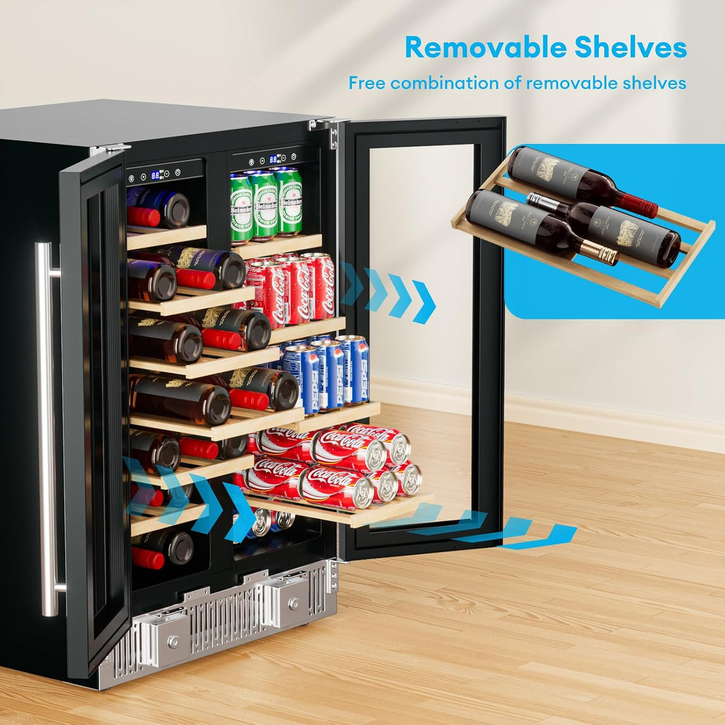 TABU Wine and Beverage Refrigerator, 24 Inch Dual Zone Wine Cooler with Glass Door&Lock, Built-in or Freestanding Beverage Fridge Hold 21 Bottles and 88 Cans