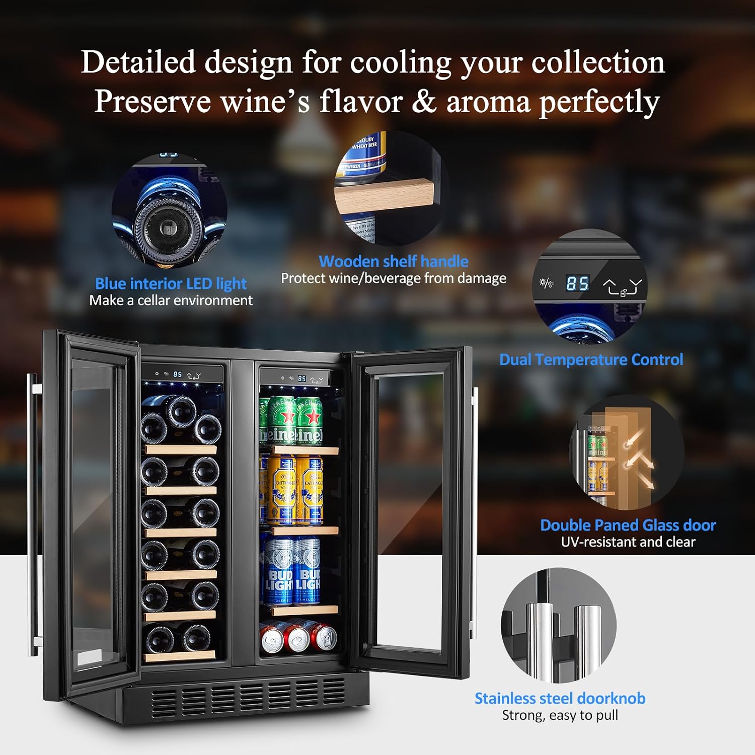 BODEGACOOLER 24 Inch Wine and Beverage Refrigerator Free Standing. Dual Zone Stainless Steel Wine Fridge under Counter, Drink Cooler for Beer, Soda, Champagne, Holds 41 Cans and 17 Bottles, Black