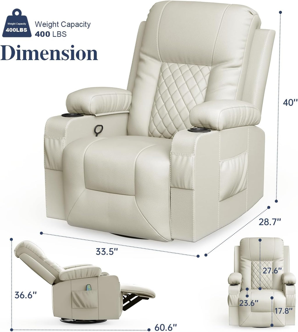 FURNIMAT Recliner Chairs for Adults, Massage Rocker with Heated Modern Ergonomic Lounge 360 Degree Swivel Single Sofa Seat Living Room Lounge Recliners Ivory White
