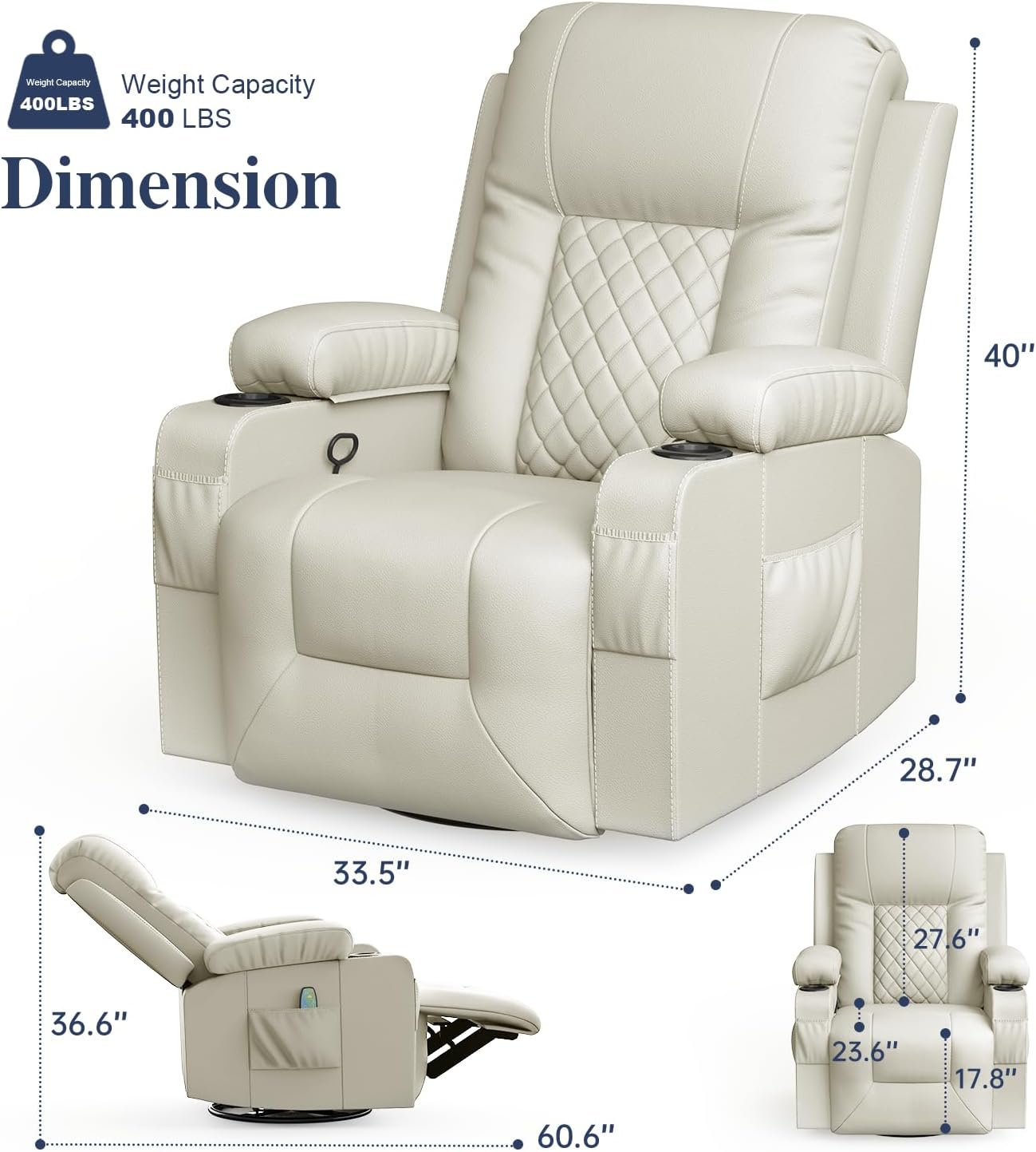 FURNIMAT Recliner Chairs for Adults, Massage Rocker with Heated Modern Ergonomic Lounge 360 Degree Swivel Single Sofa Seat Living Room Lounge Recliners Ivory White