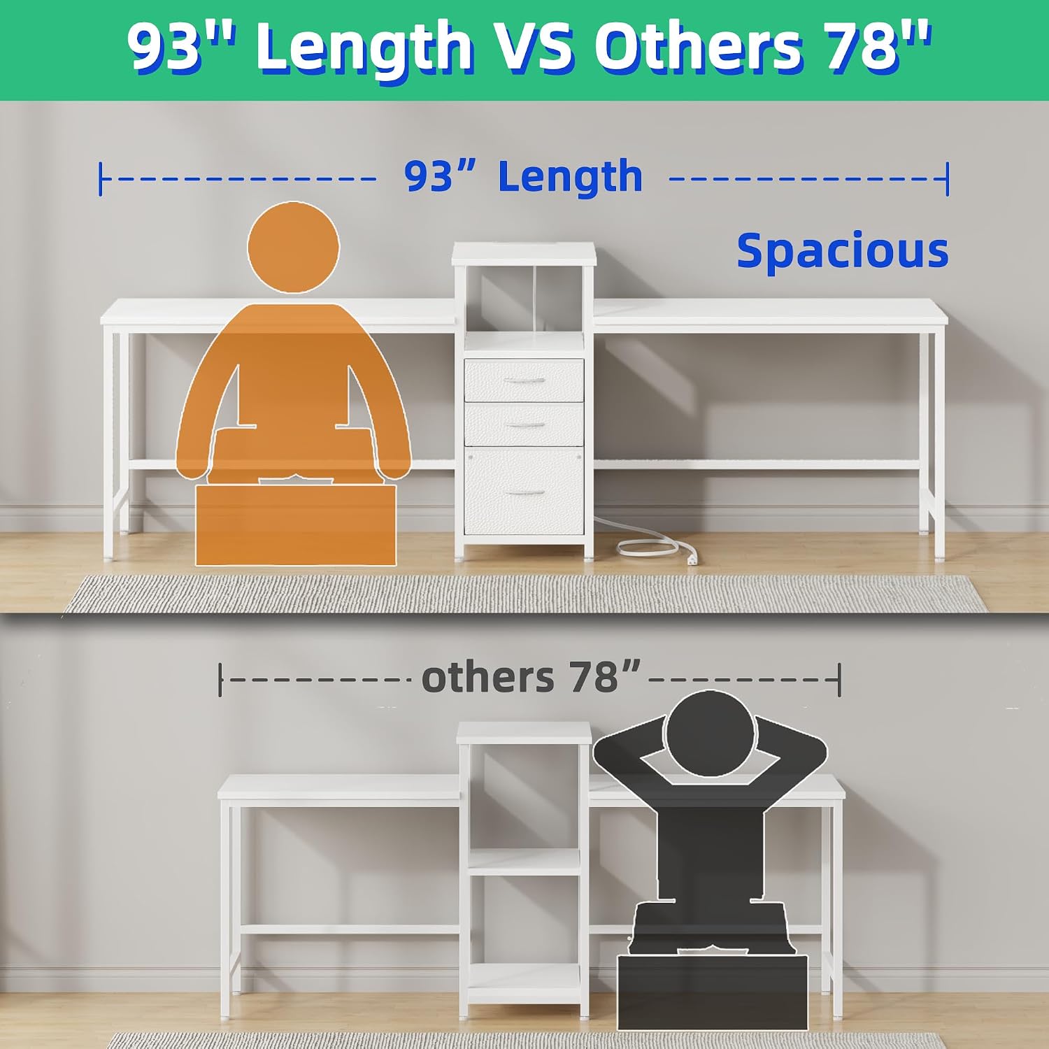 GYIIYUO 93'' Two Person Desk with Charging Station, Long Desk with 3 Drawers and Printer Shelf, Double Computer Desk, 2 Person Writing Study Table Workstation for Home Office, White
