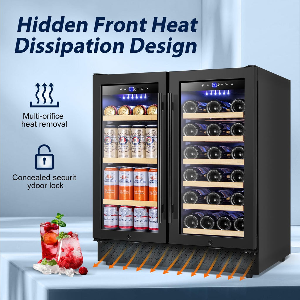 Tylza 30 Inch Wine and Beverage Refrigerator, Dual Zone Wine Beverage Cooler 30' with French Door, Under Counter Wine Beer Fridge Built-In or Freestanding, Holds 29 Bottles and 110 Cans, Black