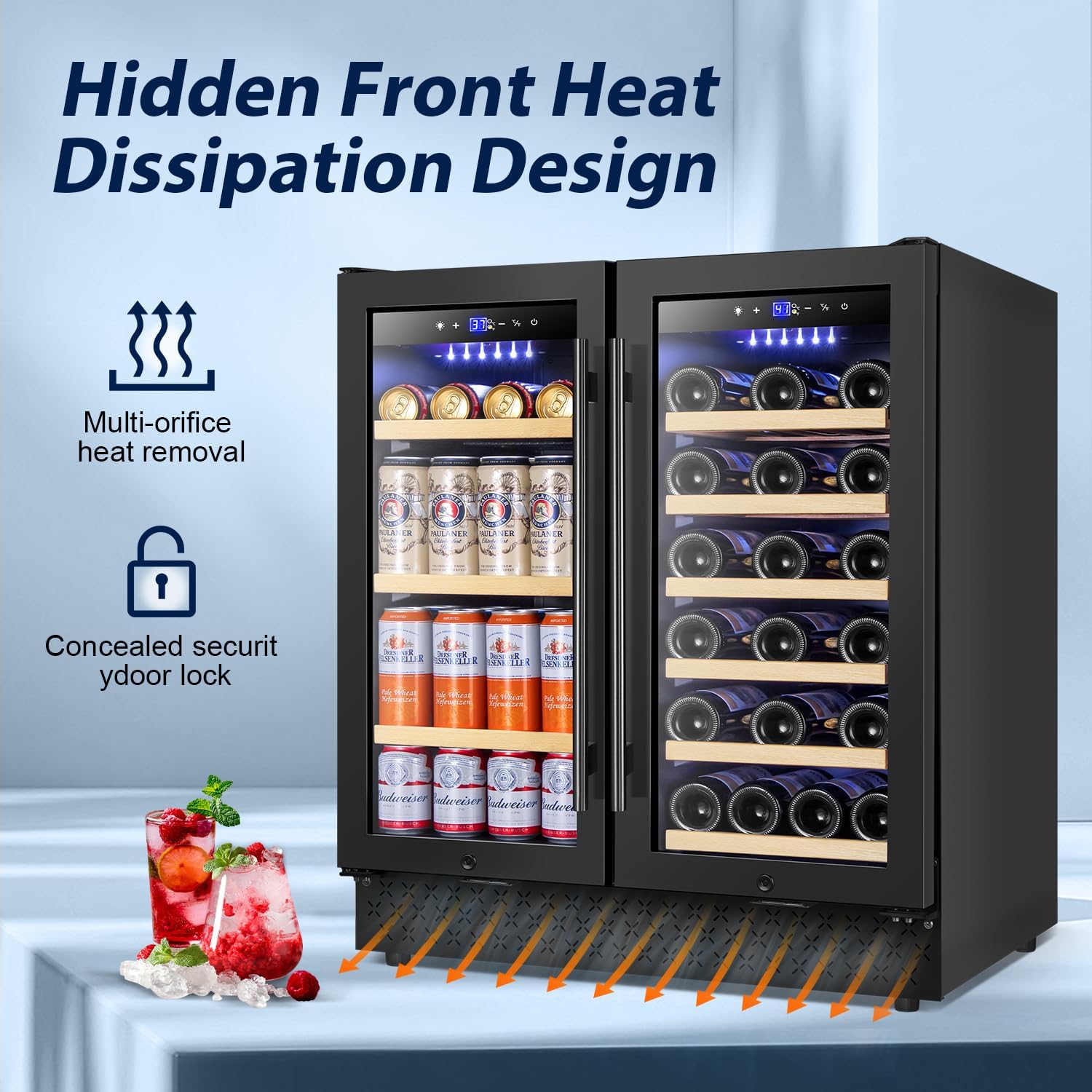 Tylza 30 Inch Wine and Beverage Refrigerator, Dual Zone Wine Beverage Cooler 30' with French Door, Under Counter Wine Beer Fridge Built-In or Freestanding, Holds 29 Bottles and 110 Cans, Black