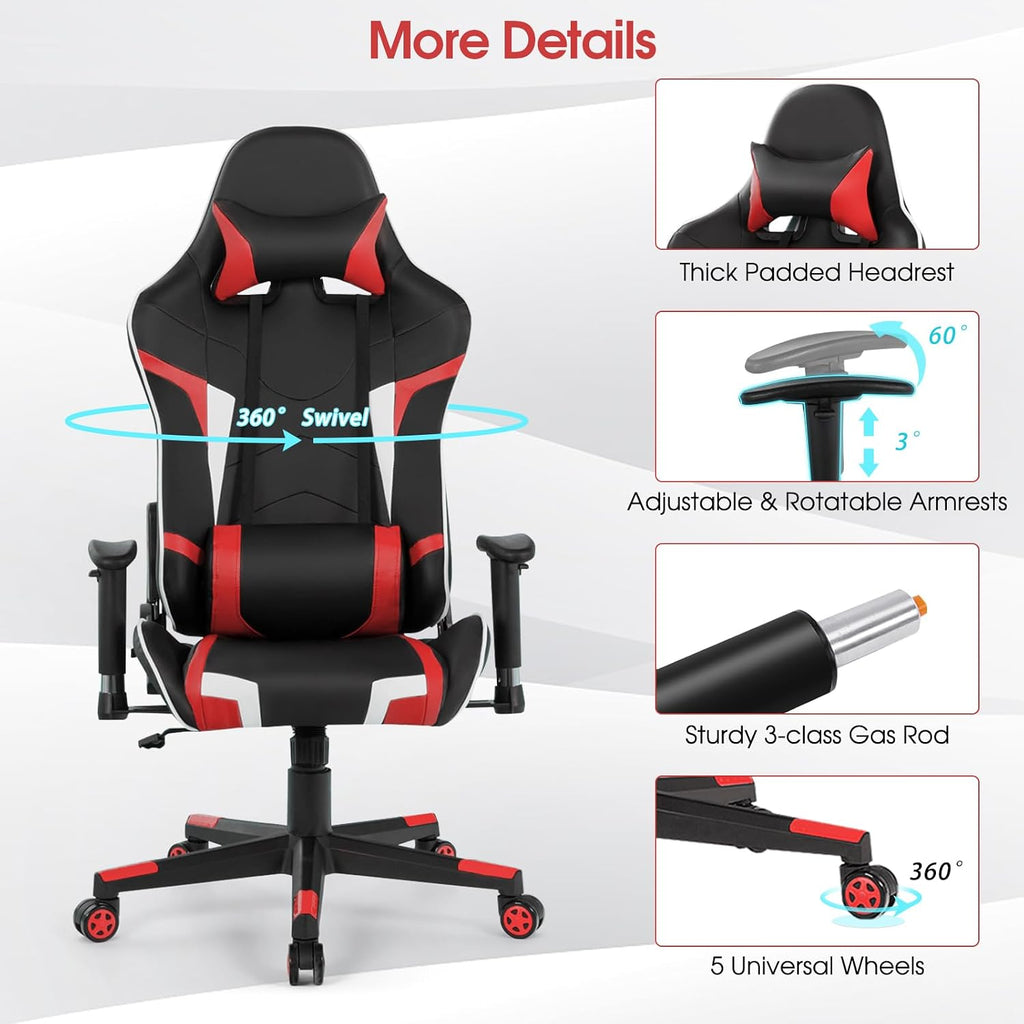 Tangkula Gaming Desk and Chair Set, Ergonomic Gamer Desk & Racing Chair Set Cup Holder, Headphone Hook, Handle Rack & Monitor Stand, Massage & Headrest, Home Office Computer Desk Chair Set (Red)