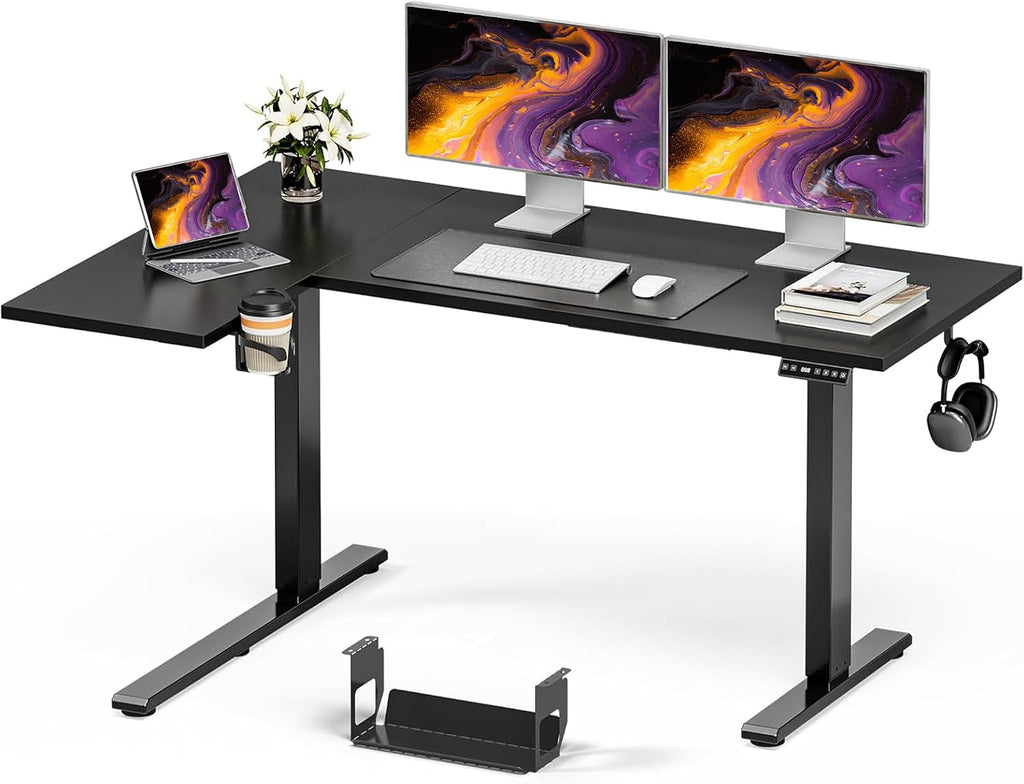 Muvai 59 Inch L Shaped Standing Desk Adjustable Height with Cable Management Tray,Gaming Electric Corner Standing Desk, Sit Stand Computer Table with Reversiable Splice Board, Black