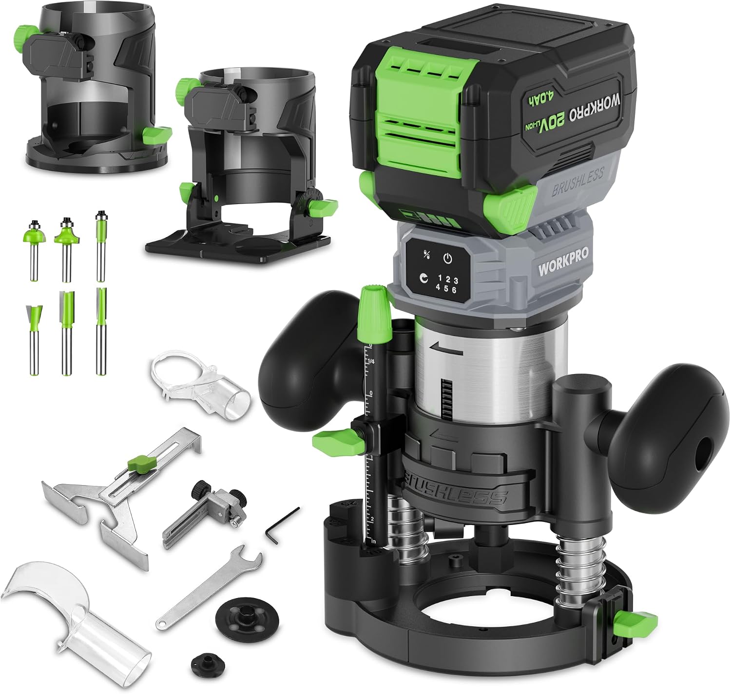 WORKPRO 20V Cordless Compact Router Tool, 6 Variable Speeds up to 30,000RPM Wood Router for Chamfering, Slotting, Trimming, with Multi-Angle Adjustable, Straight, Dual-Handle Base and Multiple Bits