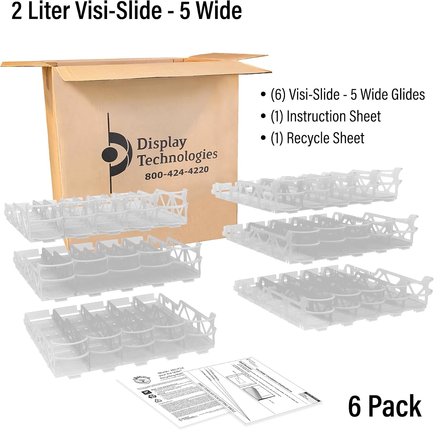 Visi-Slide 2Liter, 5 wide Soda Beverage Dispenser - Gravity Fed Glide for Angled Shelves for Coolers, Commercial Refrigerators, Cold Vaults (Pack of 6) Drink Organizer for Cans, Bottles and More