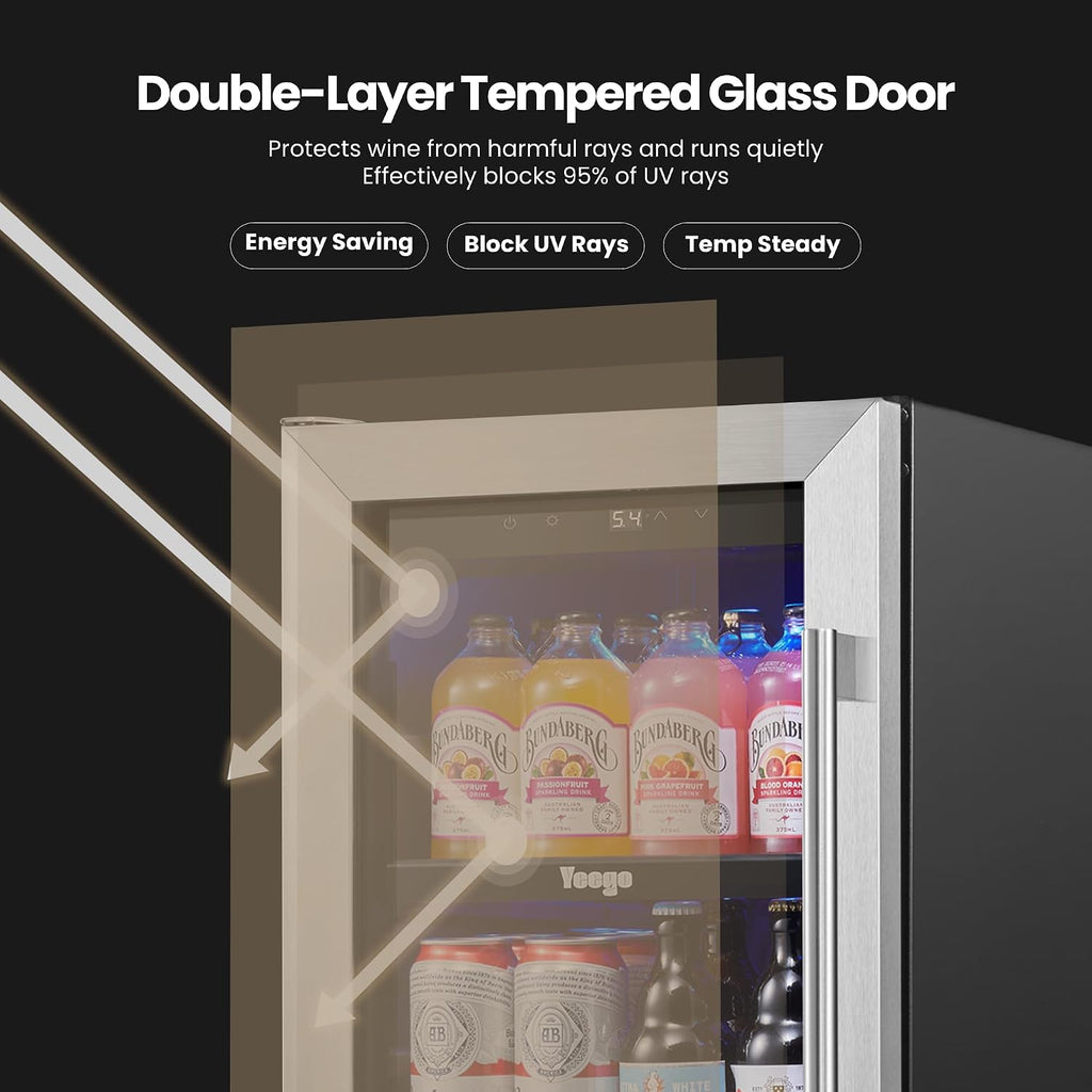 Yeego 15 Inch Beverage Refrigerator, Beverage Cooler Stainless Steel Refrigerator Built-in or Freestanding, Small Wine Fridge with Glass Door, Drink Fridge for Beer, Soda, Wine (Left-Hinged)