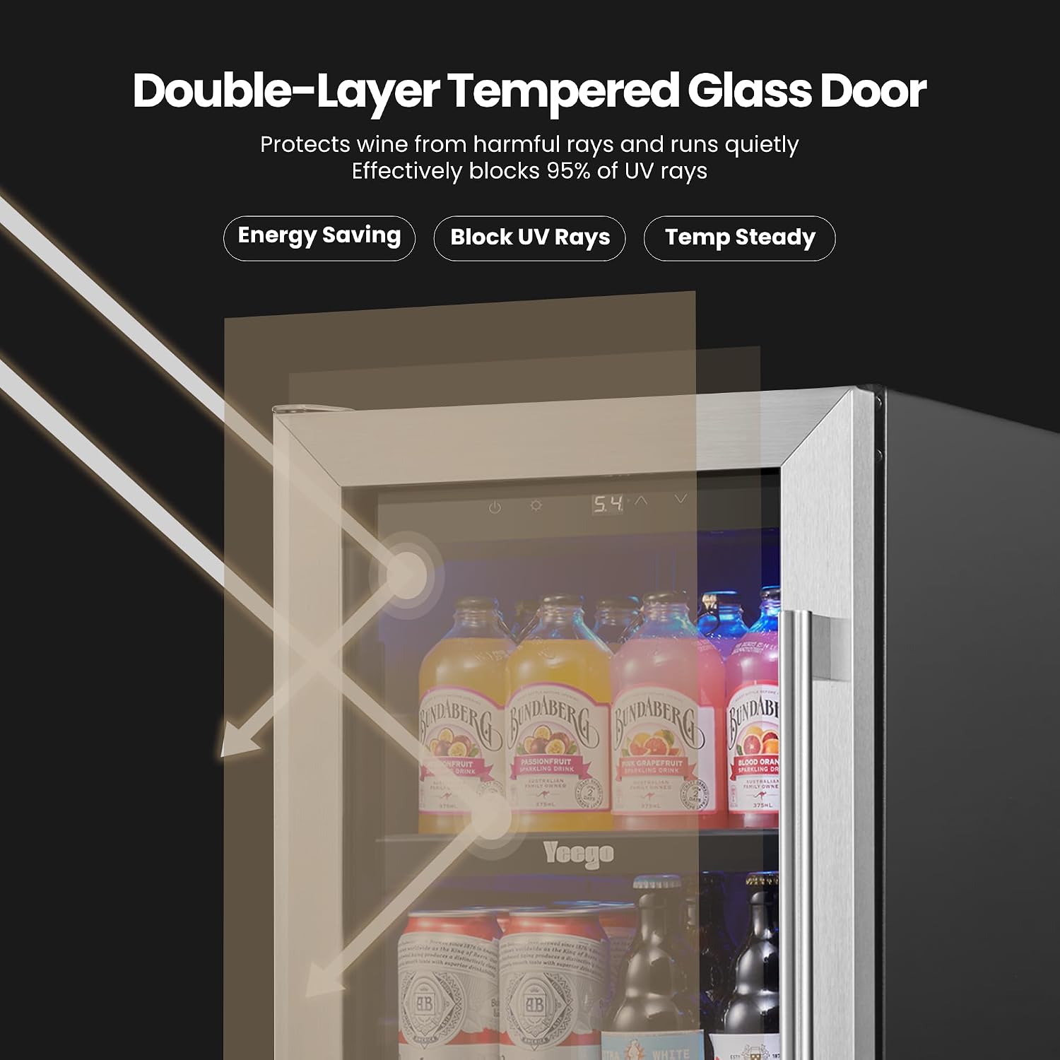 Yeego 15 Inch Beverage Refrigerator, Beverage Cooler Stainless Steel Refrigerator Built-in or Freestanding, Small Wine Fridge with Glass Door, Drink Fridge for Beer, Soda, Wine (Left-Hinged)
