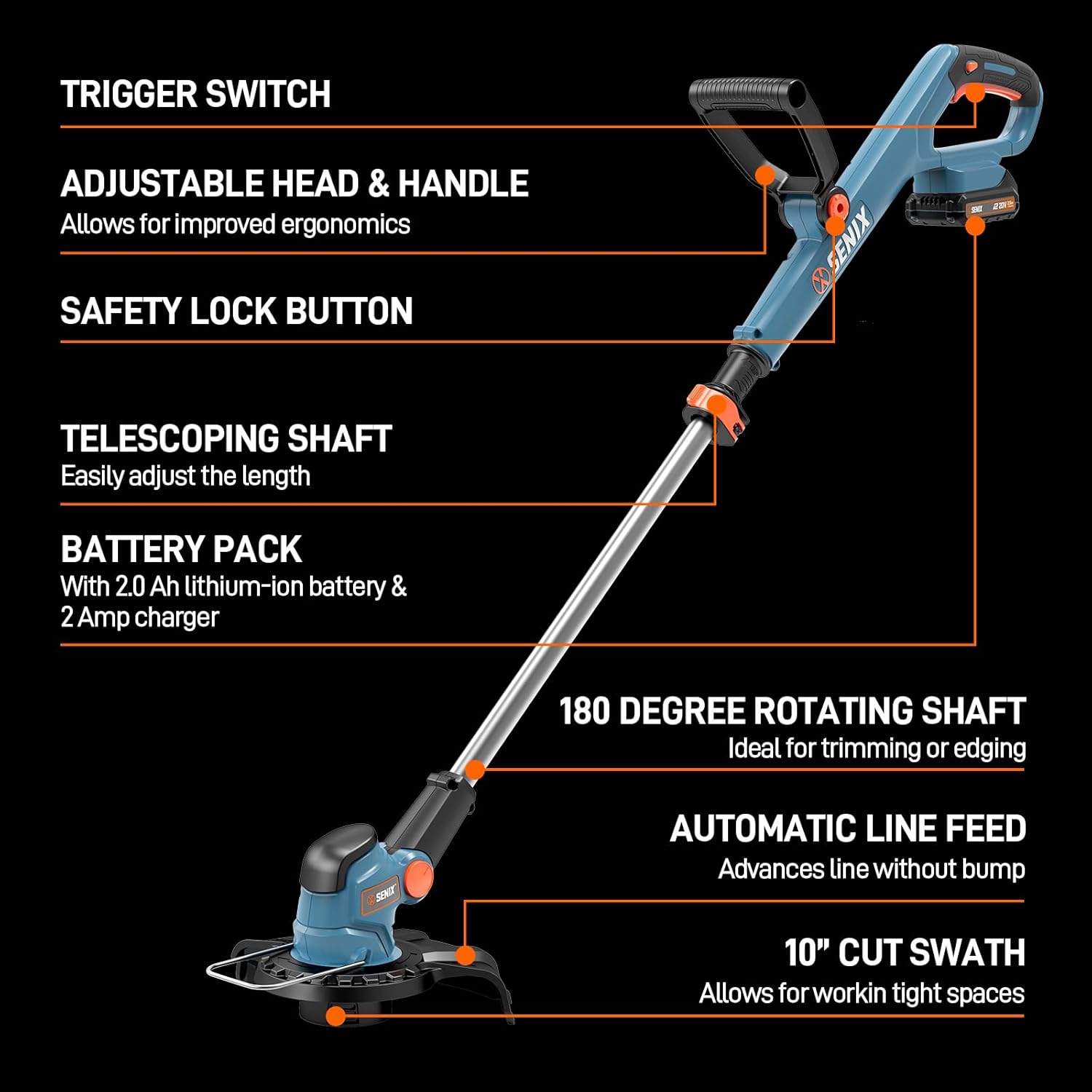 SENIX X2 20 Volt Max* 3-Piece Cordless Power Tool Combo Kit with Battery Powered 10' String Trimmer, Variable Speed Leaf Blower, 21' Hedge Trimmer, Includes 2 Batteries & Battery Charger (S2K3B2-01)