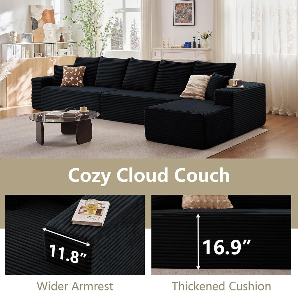 166.9' Cloud Sectional Couch with L-Shape Chaise, Upholstered Corduroy Couches Sleeper with Deep Seat, Modern Modular Comfy Sofa Chaise Longue for Living Room Bedroom, No Assembly Required, Black