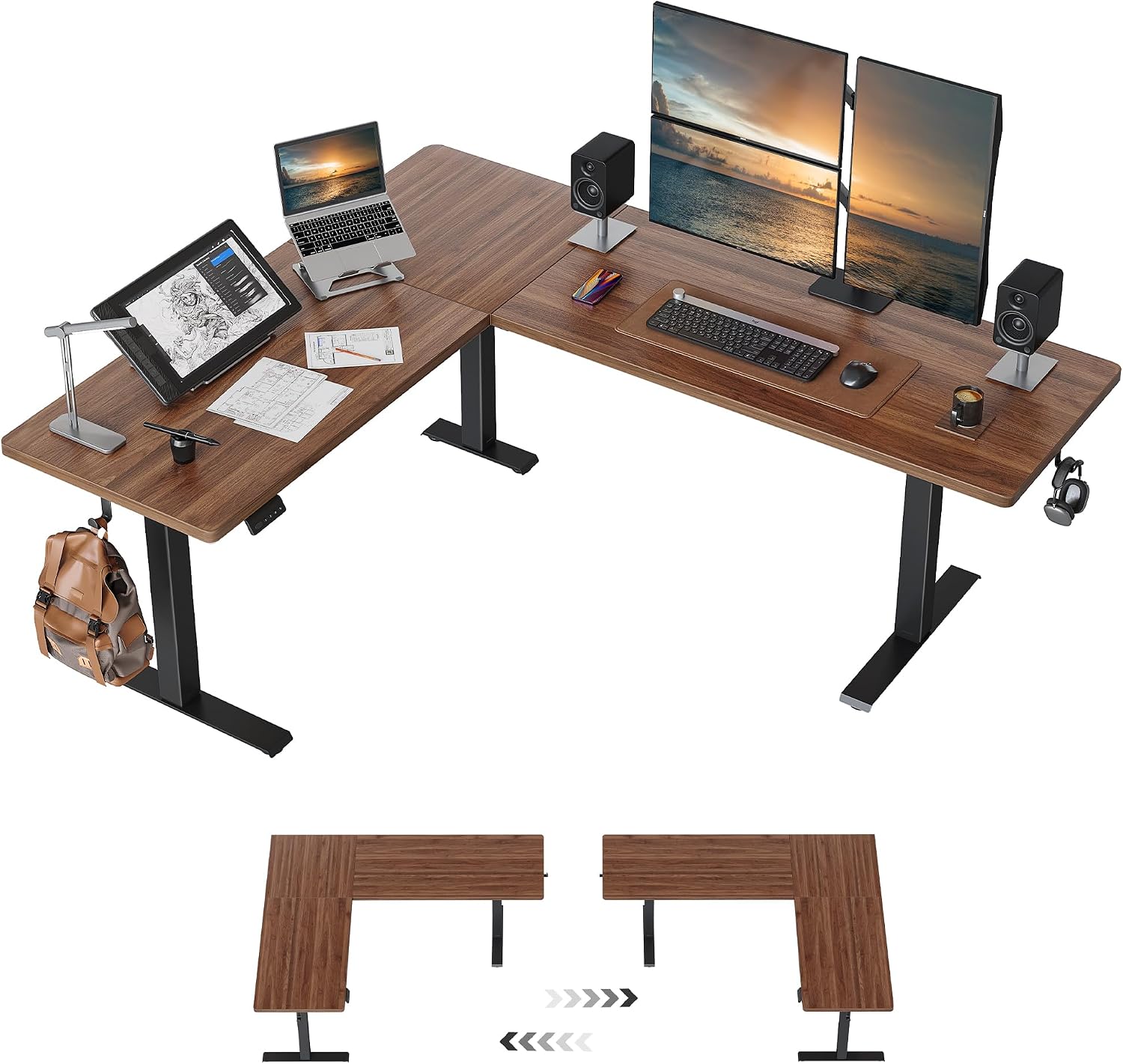 FEZIBO 63' x 55'L Shaped Standing Desk Adjustable Height, 63 Inch Electric Stand up Corner Computer Desk, Sit Stand Home Office Desk with Splice Board, Black Frame/Black Walnut Top