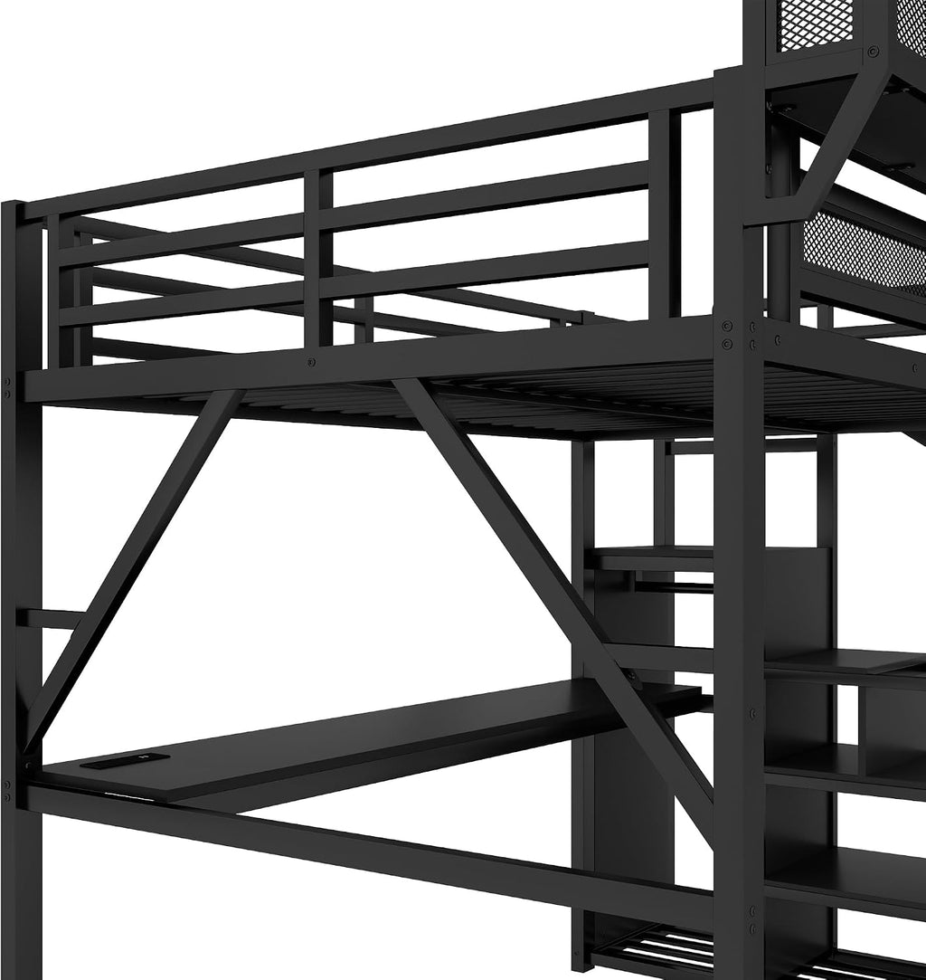 Queen Loft Bed with Desk and Stairs, Metal Lofts Bed Queen Size with Upper Storage Shelf, Gaming LoftBed with LED, Charging Station and Wardrobe for Teens, Adults,Black and Black Stairs