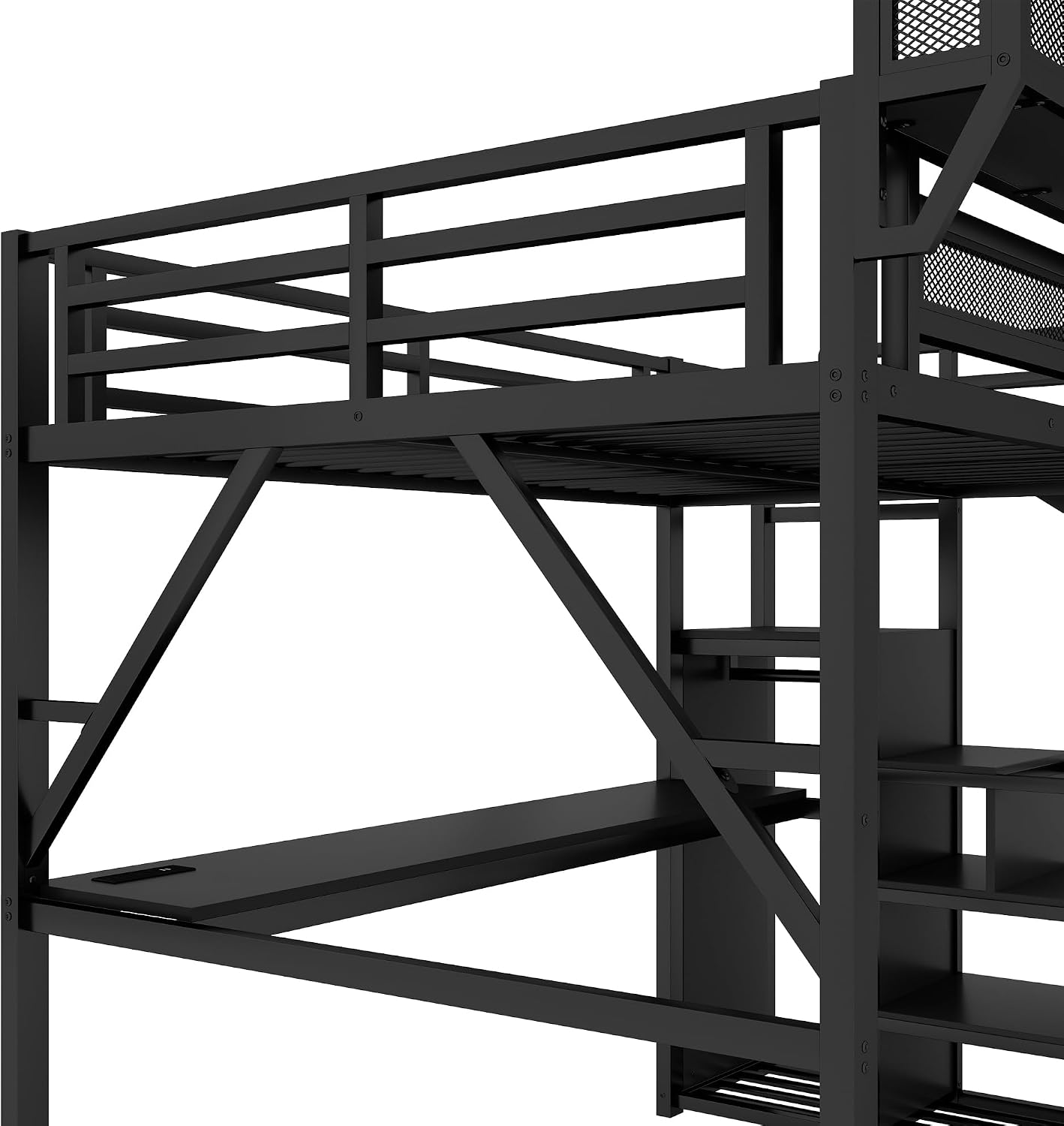 Queen Loft Bed with Desk and Stairs, Metal Lofts Bed Queen Size with Upper Storage Shelf, Gaming LoftBed with LED, Charging Station and Wardrobe for Teens, Adults,Black and Black Stairs