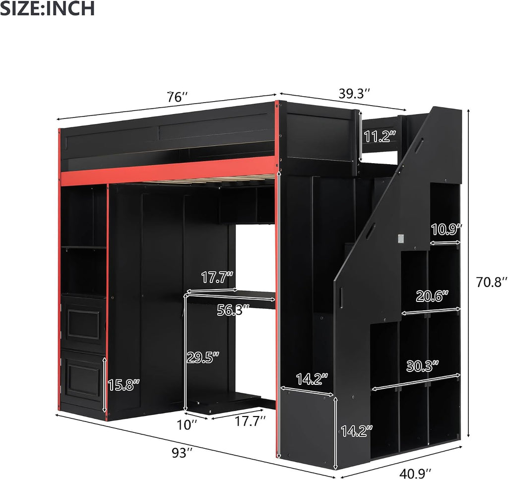 SOFTSEA Twin Size Gaming Loft Bed with Desk & Storage Stairs, Solid Wood Loft Bed with LED Lights, Wardrobe and Shelves, Space-Saving Gaming Bed for Kids Teens Adults, Black + Red