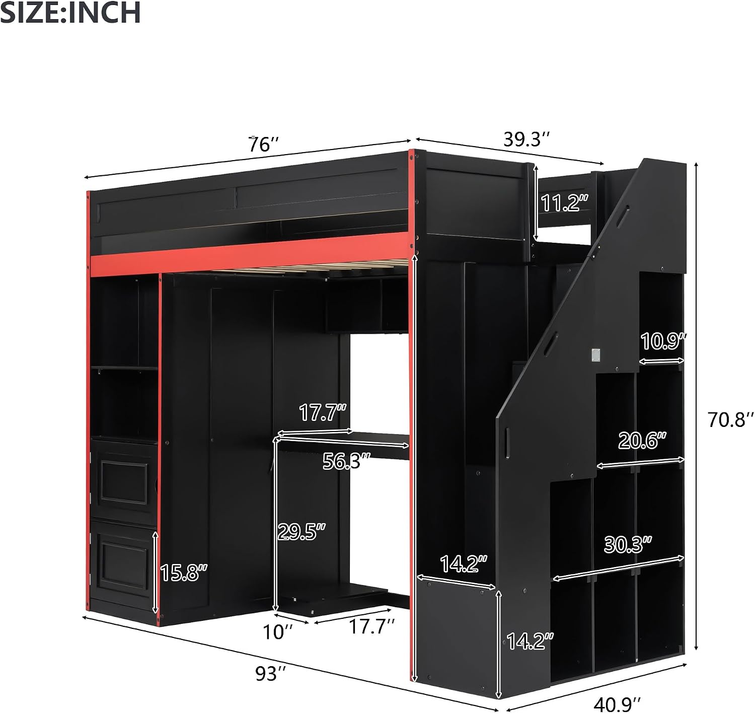 SOFTSEA Twin Size Gaming Loft Bed with Desk & Storage Stairs, Solid Wood Loft Bed with LED Lights, Wardrobe and Shelves, Space-Saving Gaming Bed for Kids Teens Adults, Black + Red