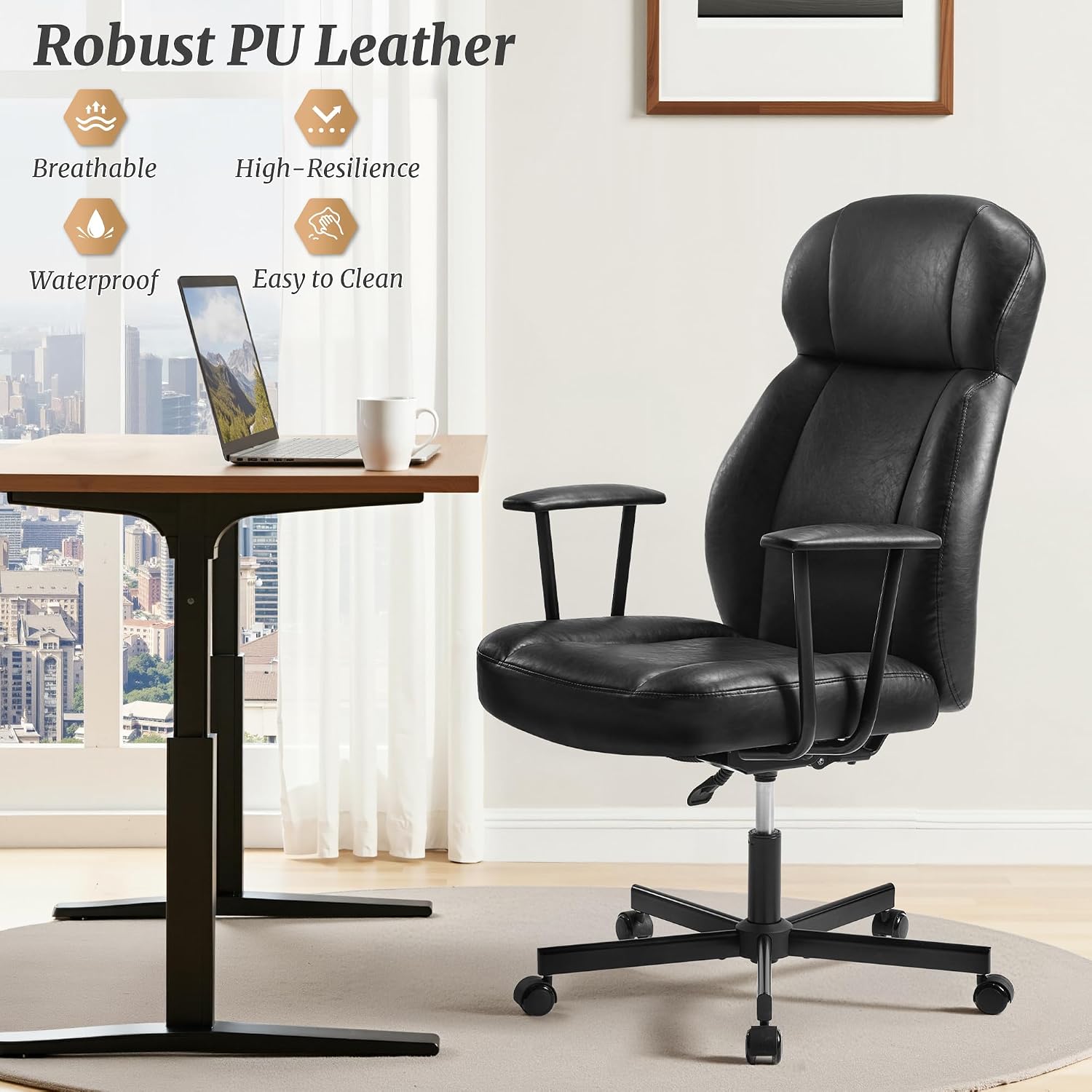 Cozyman Ergonomic PU Leather Home Office Chair, High Back Executive Desk Chair with 5-Layer Cushion, 95-135° Reclining Back, Lumbar Support, Adjustable Height, 360° Swivel for Home Office Task, Black