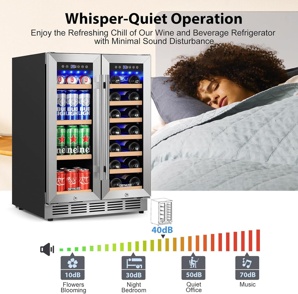 ORYMUSE 24 Inch Dual Zone Wine and Beverage Refrigerator, Built-in or Freestanding Cooler with French Doors, Drink Fridge with Upgraded Compressor for Beer, Wine, and Soda