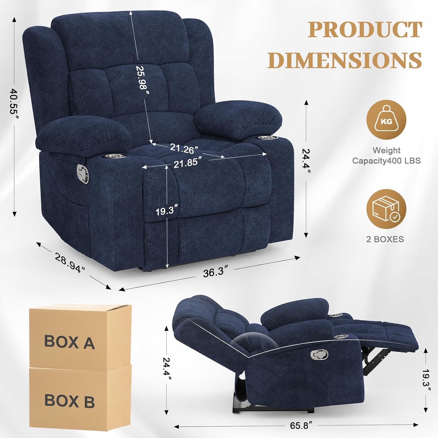 FURNIMAT Recliner Chair, Oversized Manual Reclining Chair for Adults, Single Reclining Sofa with Cup Holder & Pocket, Lounge Recliner for Living Room Home Theater Seating RV Chairs